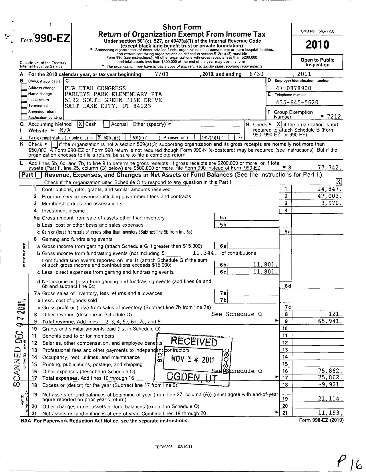 Image of first page of 2010 Form 990EZ for PTA Utah Congress / Parleys Park Elementary School PTA