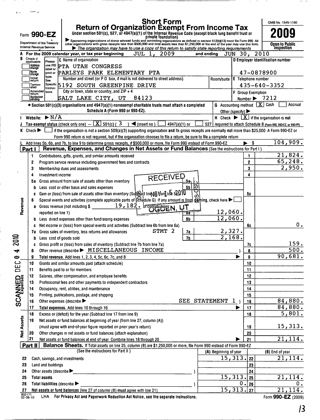 Image of first page of 2009 Form 990EZ for PTA Utah Congress / Parleys Park Elementary School PTA