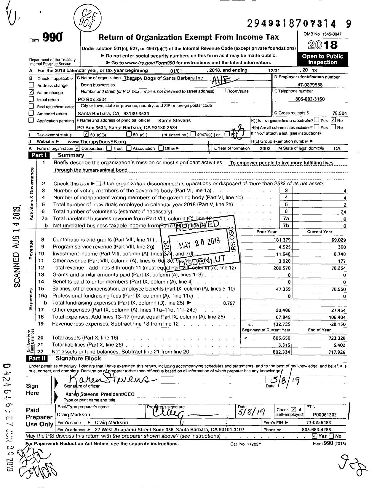 Image of first page of 2018 Form 990 for Therapy Dogs of Santa Barbara