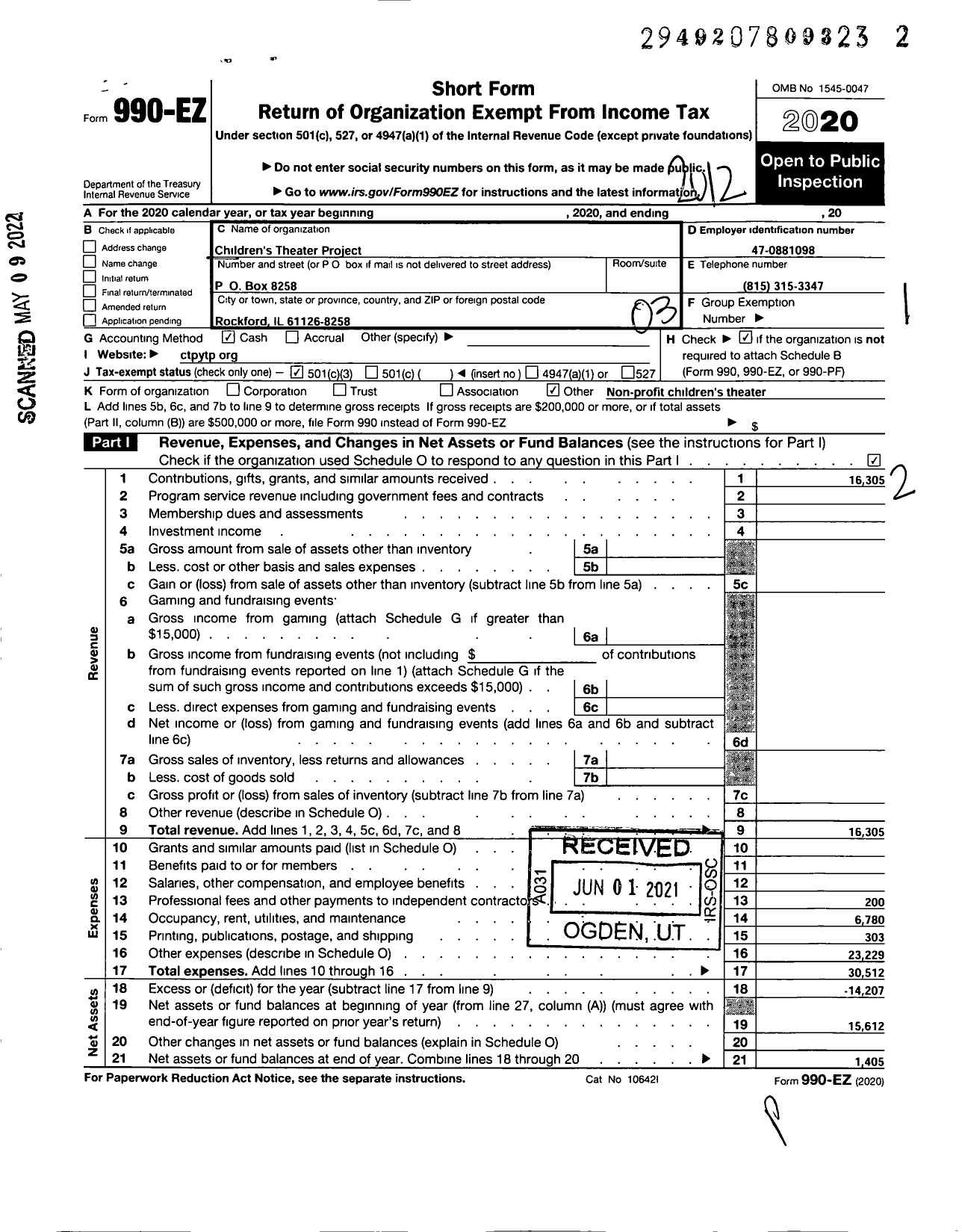 Image of first page of 2020 Form 990EZ for Children's Theater Project