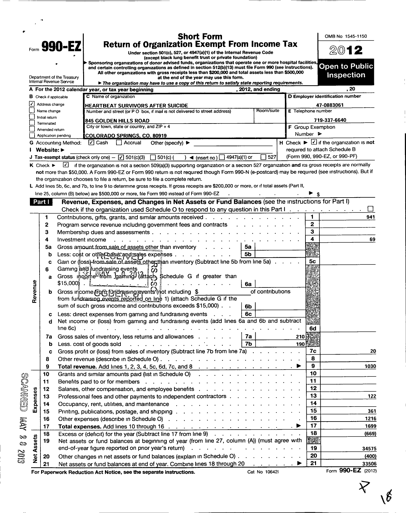 Image of first page of 2012 Form 990EZ for Heartbeat Survivors After Suicide