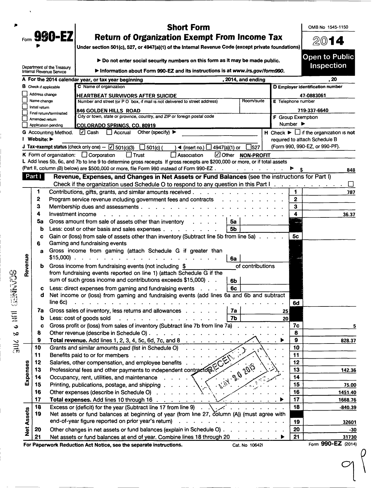 Image of first page of 2014 Form 990EZ for Heartbeat Survivors After Suicide