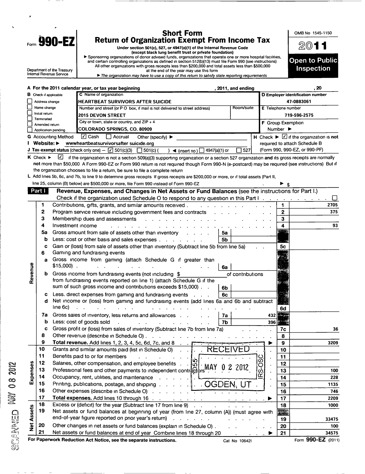 Image of first page of 2011 Form 990EZ for Heartbeat Survivors After Suicide