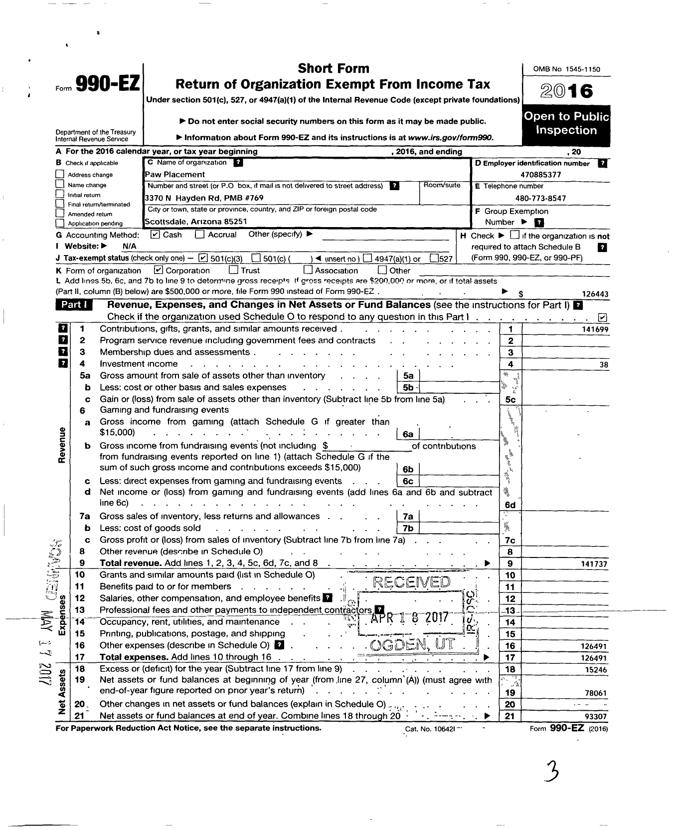 Image of first page of 2016 Form 990EZ for Paw Placement A Helping Hand for Pets