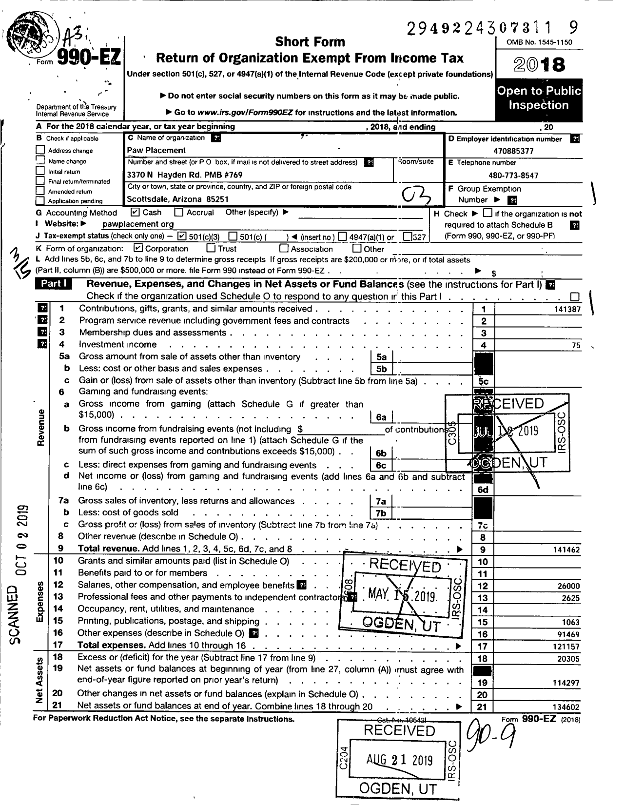 Image of first page of 2018 Form 990EZ for Paw Placement A Helping Hand for Pets