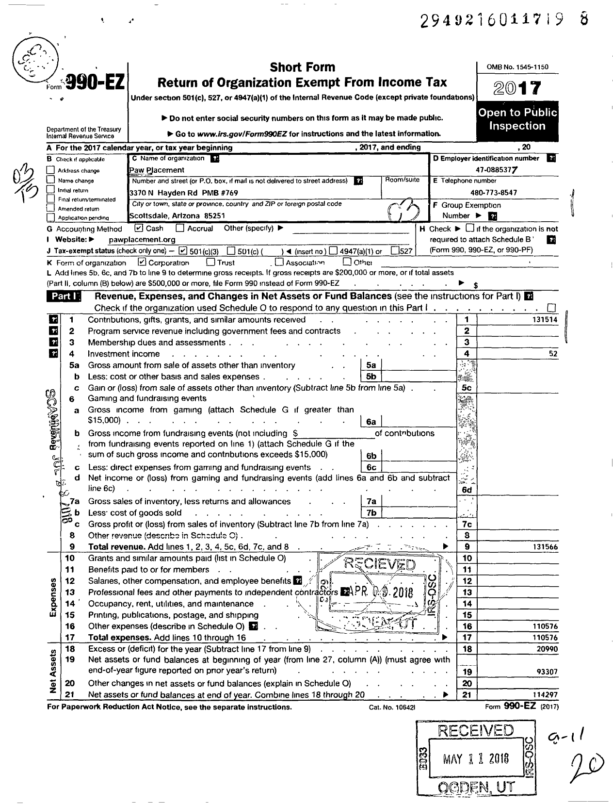 Image of first page of 2017 Form 990EZ for Paw Placement A Helping Hand for Pets
