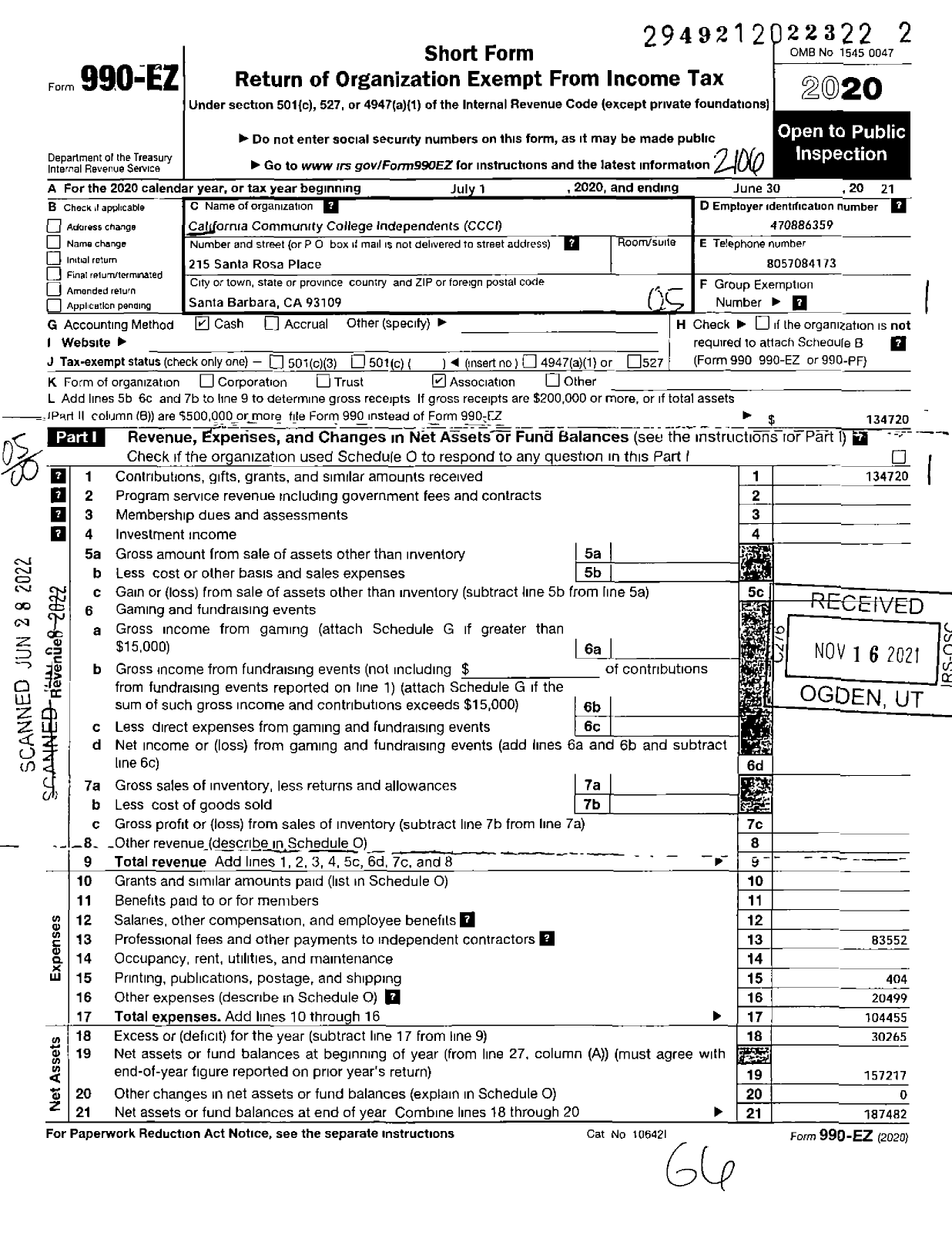 Image of first page of 2020 Form 990EO for California Community College Independents