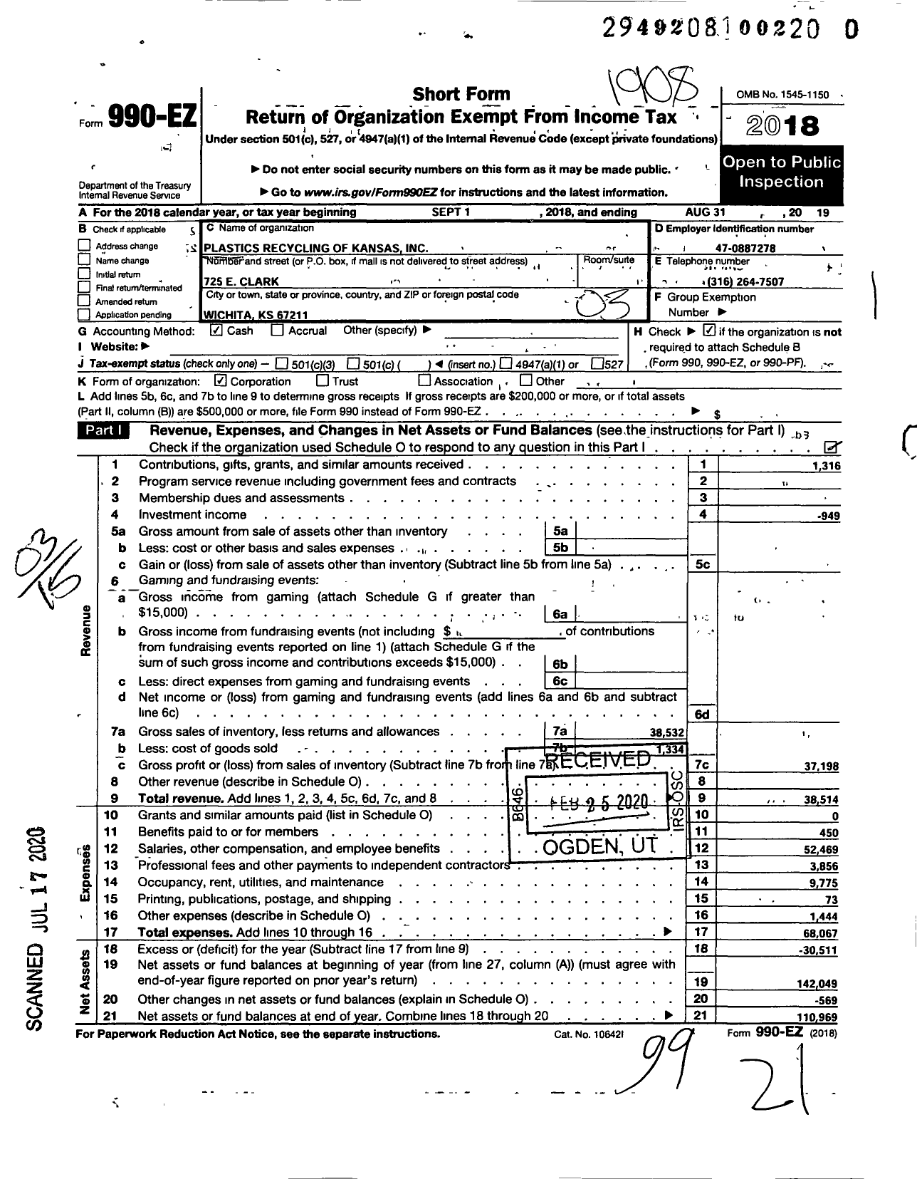 Image of first page of 2018 Form 990EZ for Plastics Recycling of Kansas