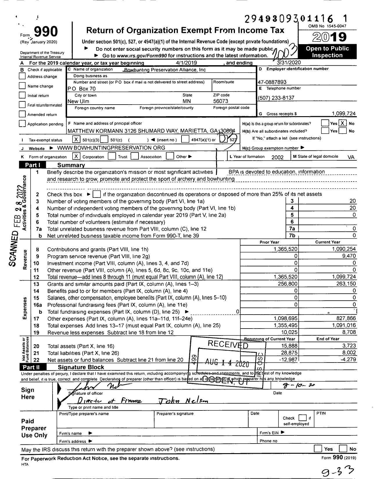 Image of first page of 2019 Form 990 for Bowhunting Preservation Alliance