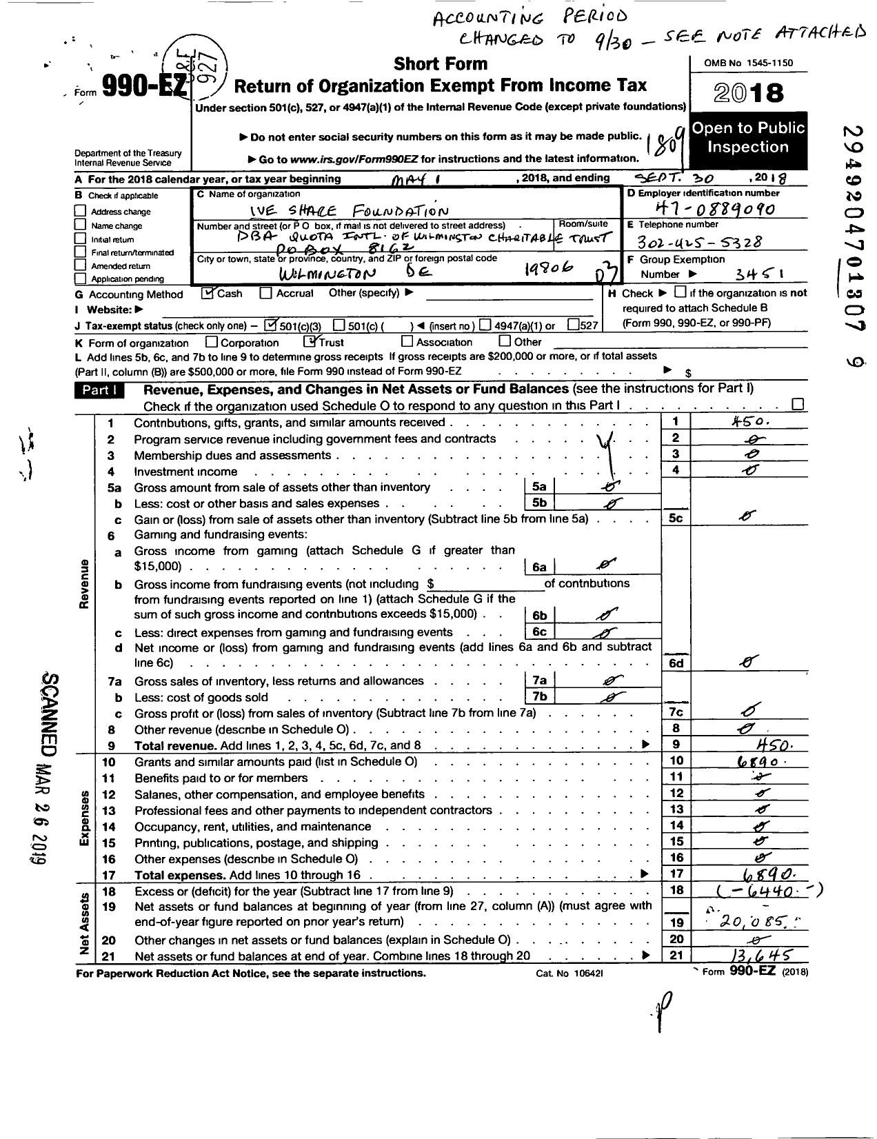 Image of first page of 2017 Form 990EZ for We Share Foundation / Wilmington Charitable Trust