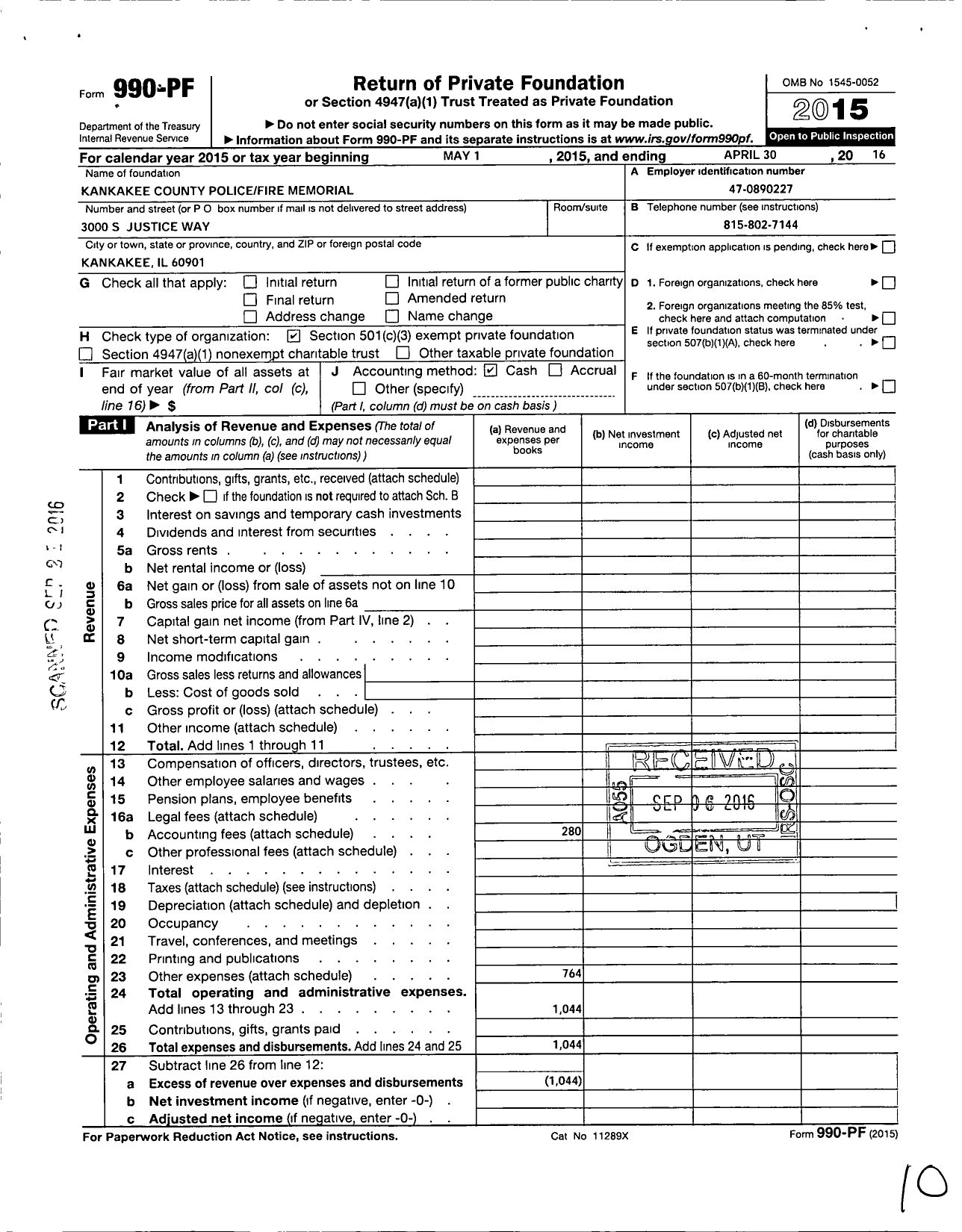 Image of first page of 2015 Form 990PF for Kankakee County Police Fire Memorial