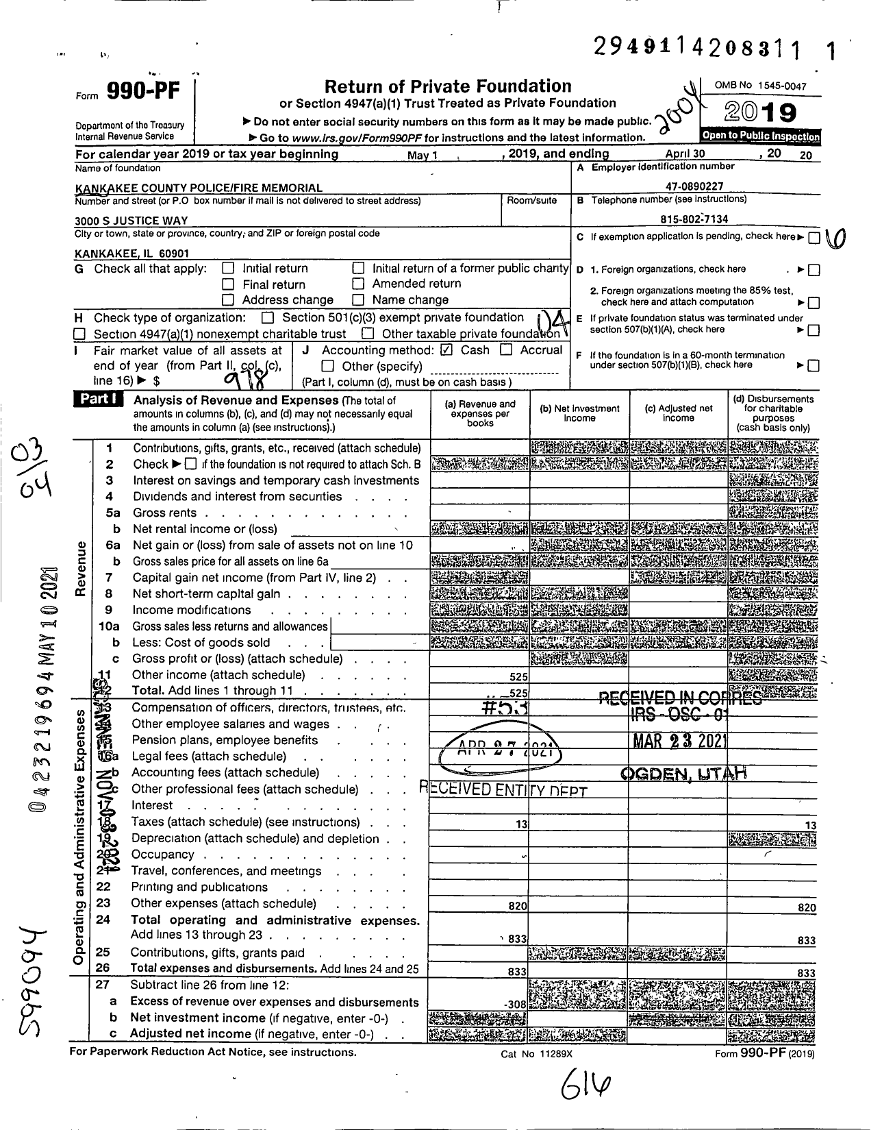 Image of first page of 2019 Form 990PF for Kankakee County Police Fire Memorial