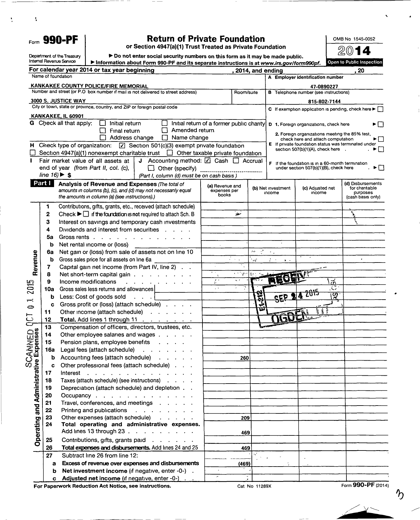 Image of first page of 2014 Form 990PF for Kankakee County Police Fire Memorial