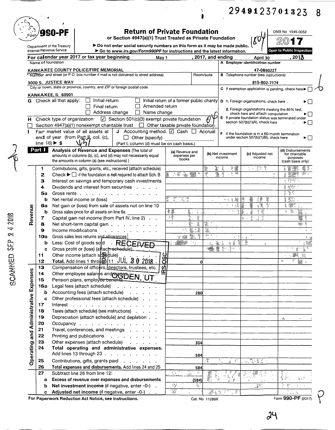 Image of first page of 2017 Form 990PF for Kankakee County Police Fire Memorial