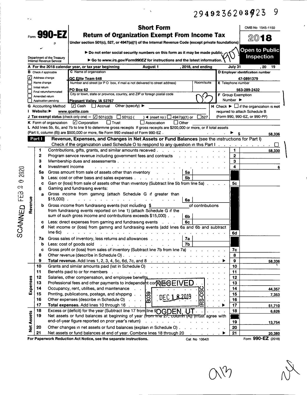 Image of first page of 2018 Form 990EZ for QC Elite Team 648