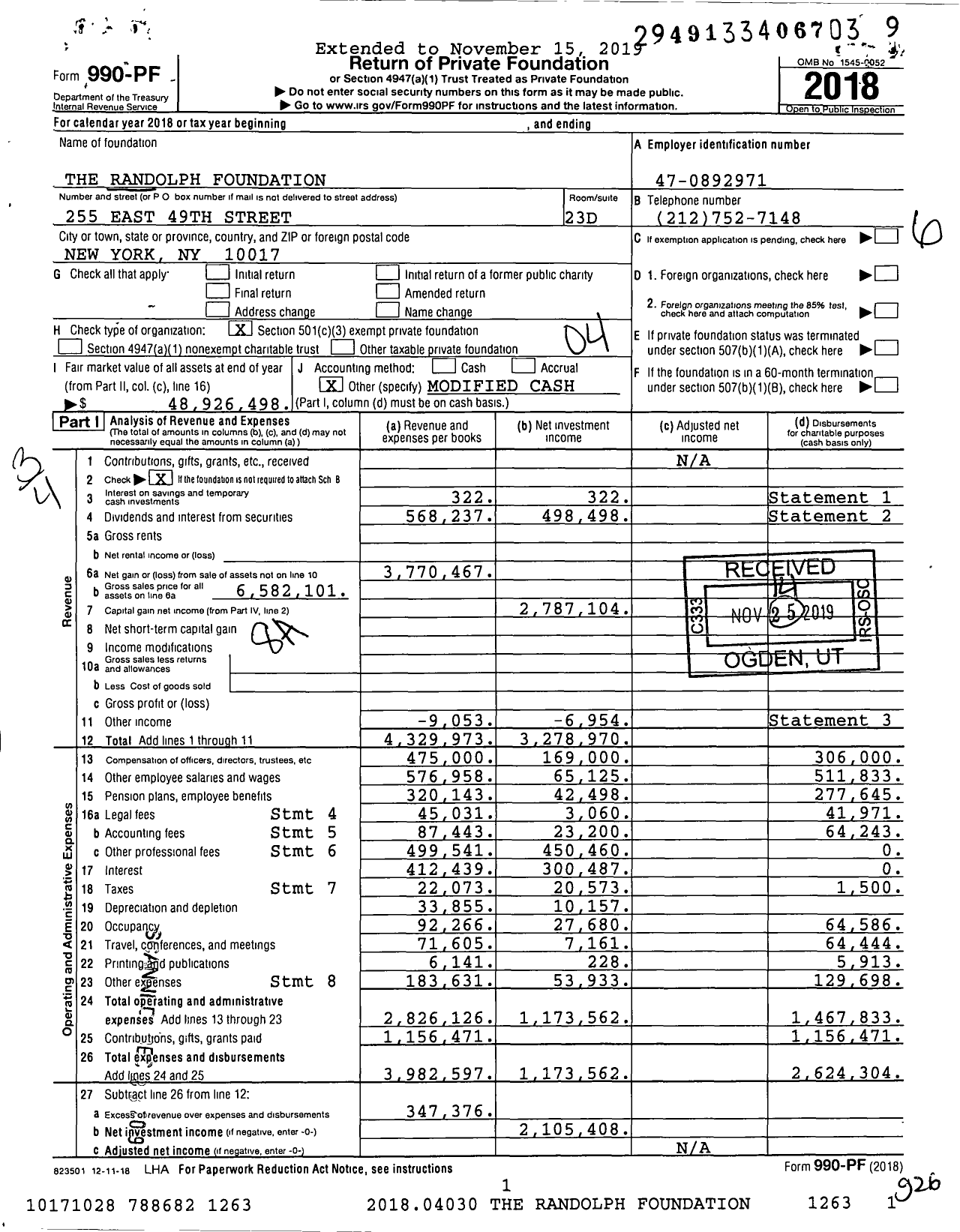 Image of first page of 2018 Form 990PF for The Randolph Foundation (TRF)
