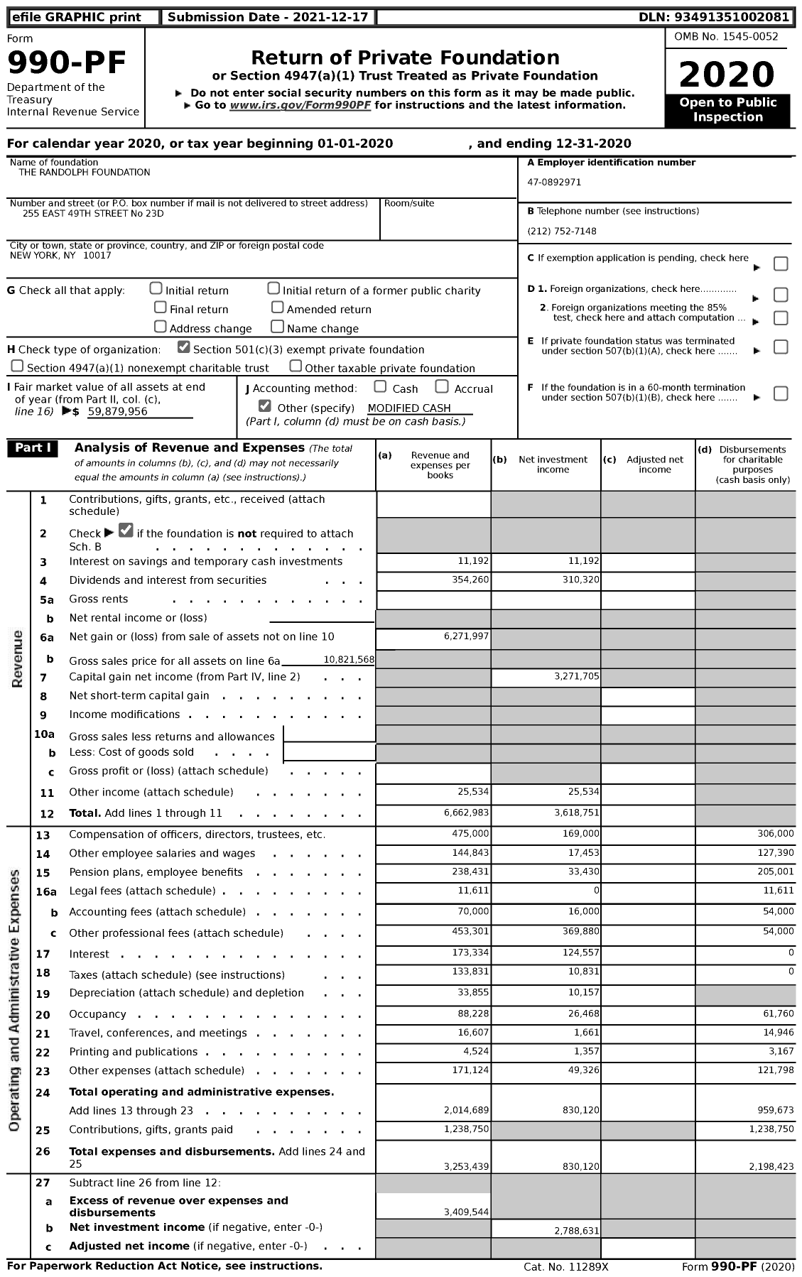 Image of first page of 2020 Form 990PF for The Randolph Foundation (TRF)