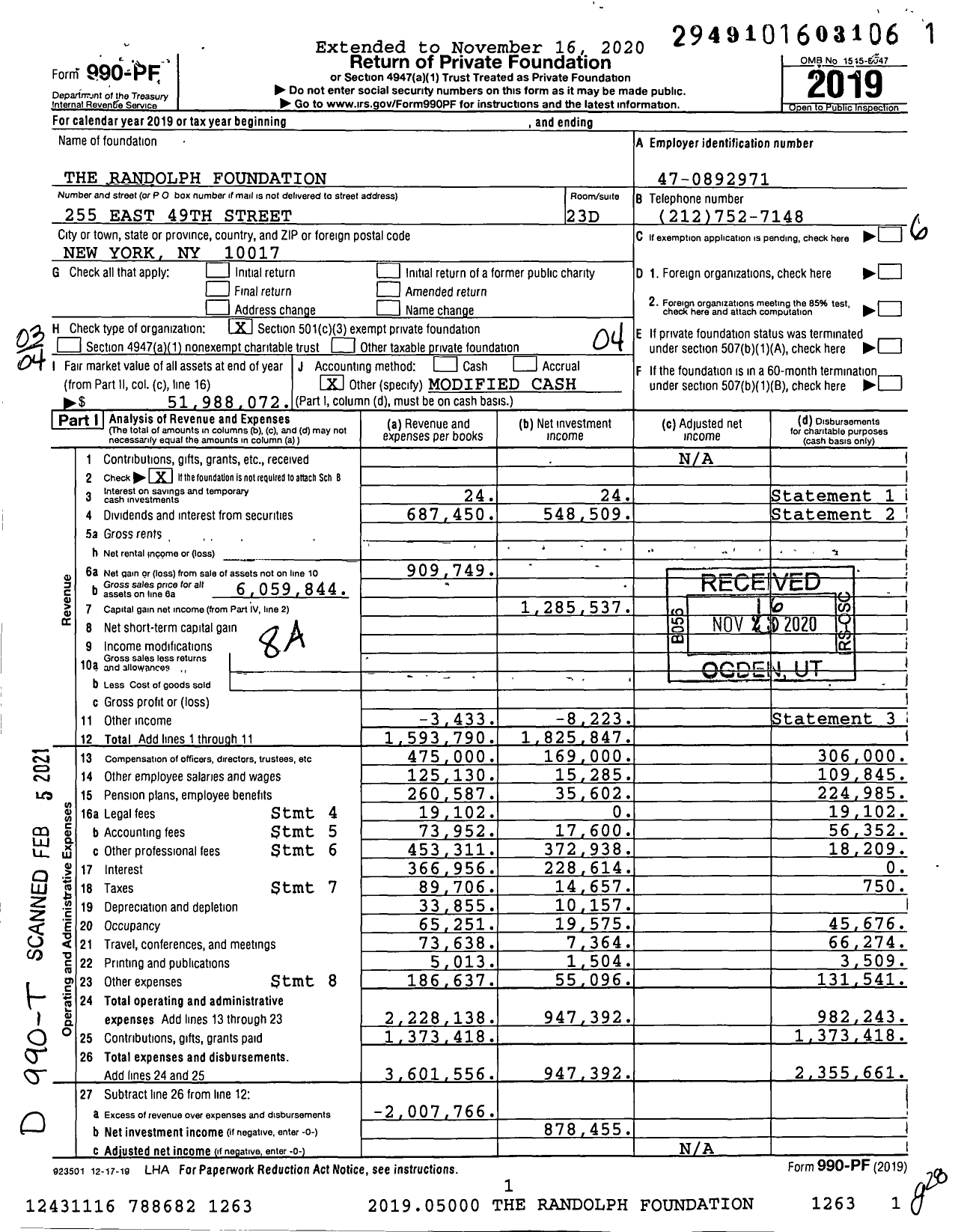 Image of first page of 2019 Form 990PA for The Randolph Foundation (TRF)