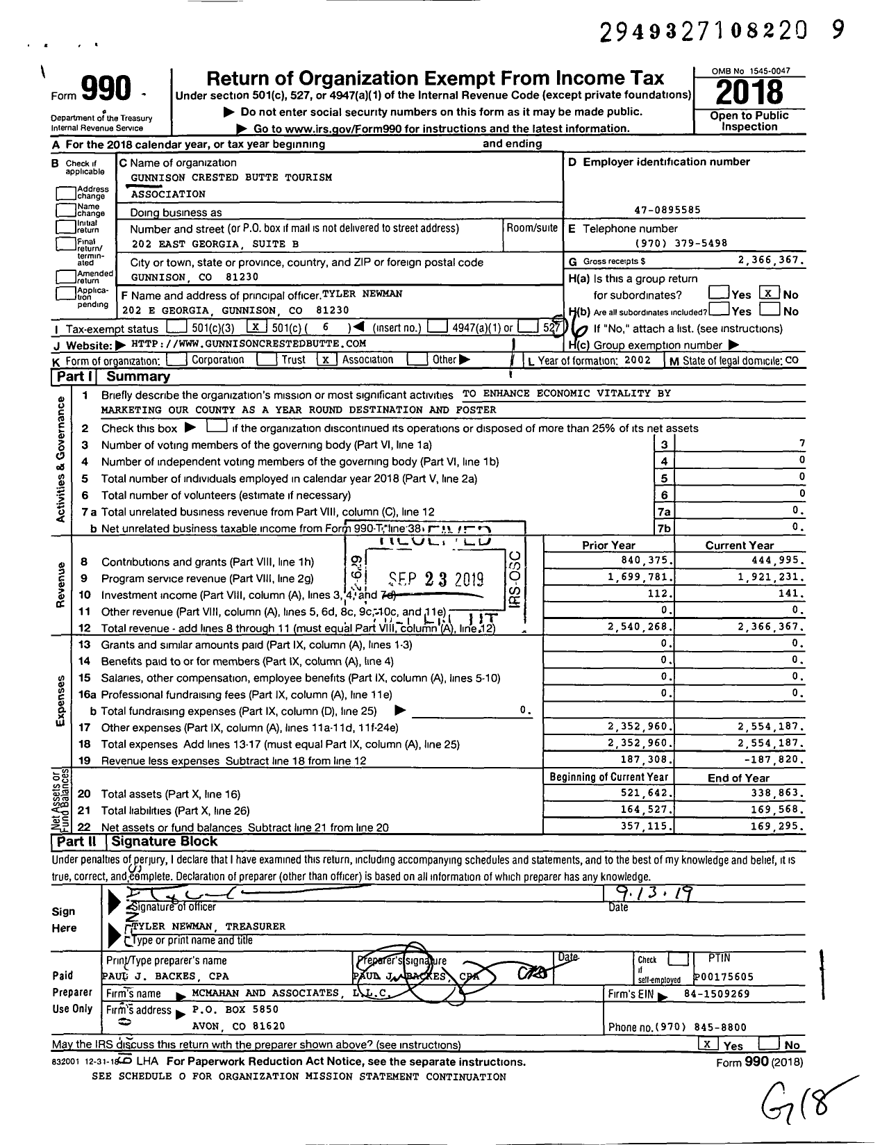 Image of first page of 2018 Form 990O for Gunnison Crested Butte Tourism Association (TA)