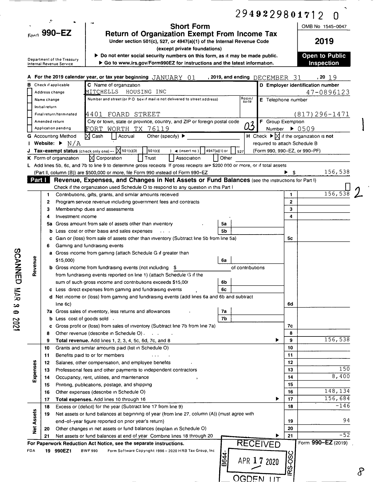 Image of first page of 2019 Form 990EZ for Mitchells Housing