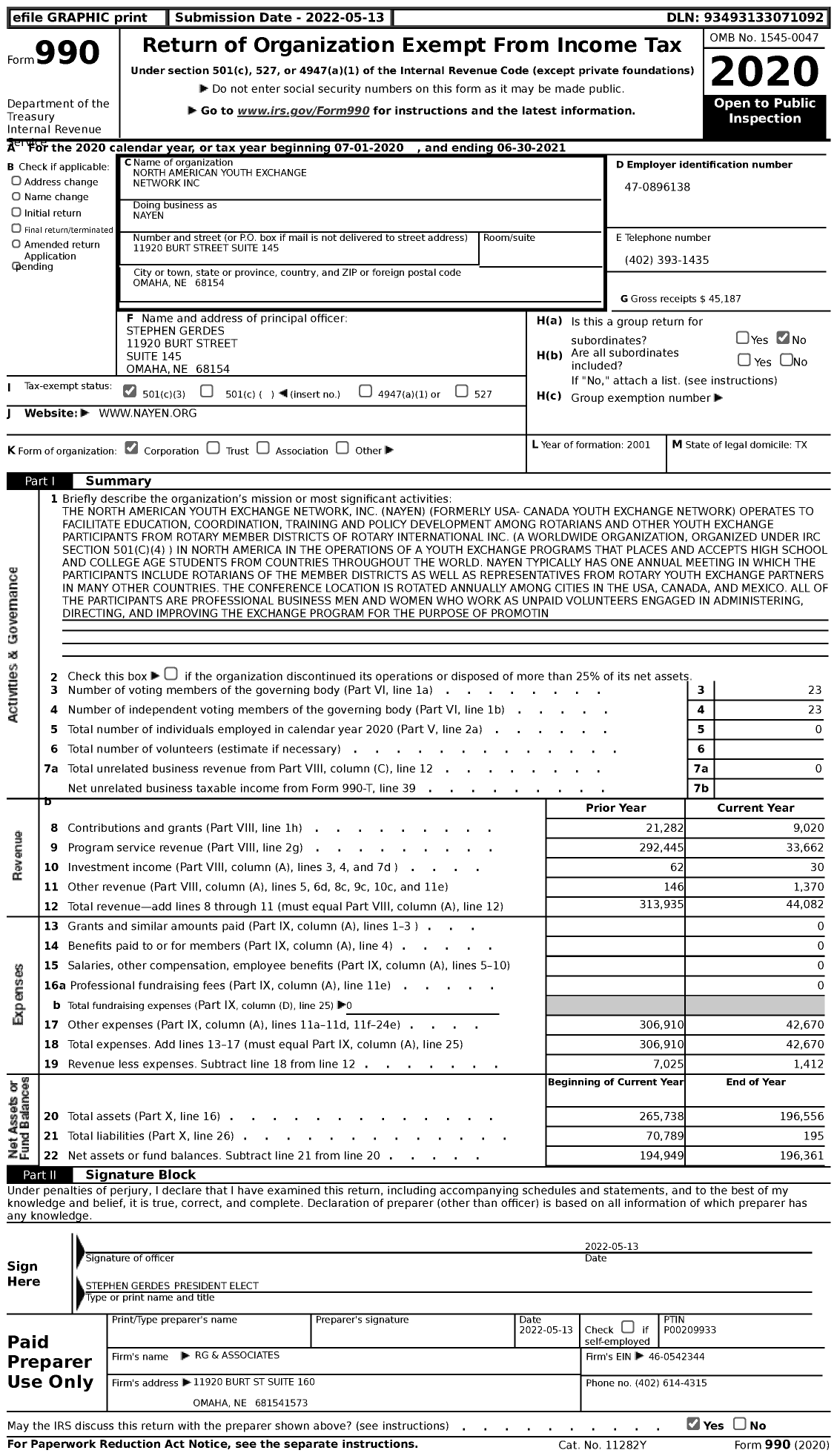 Image of first page of 2020 Form 990 for North American Youth Exchange Network (NAYEN)