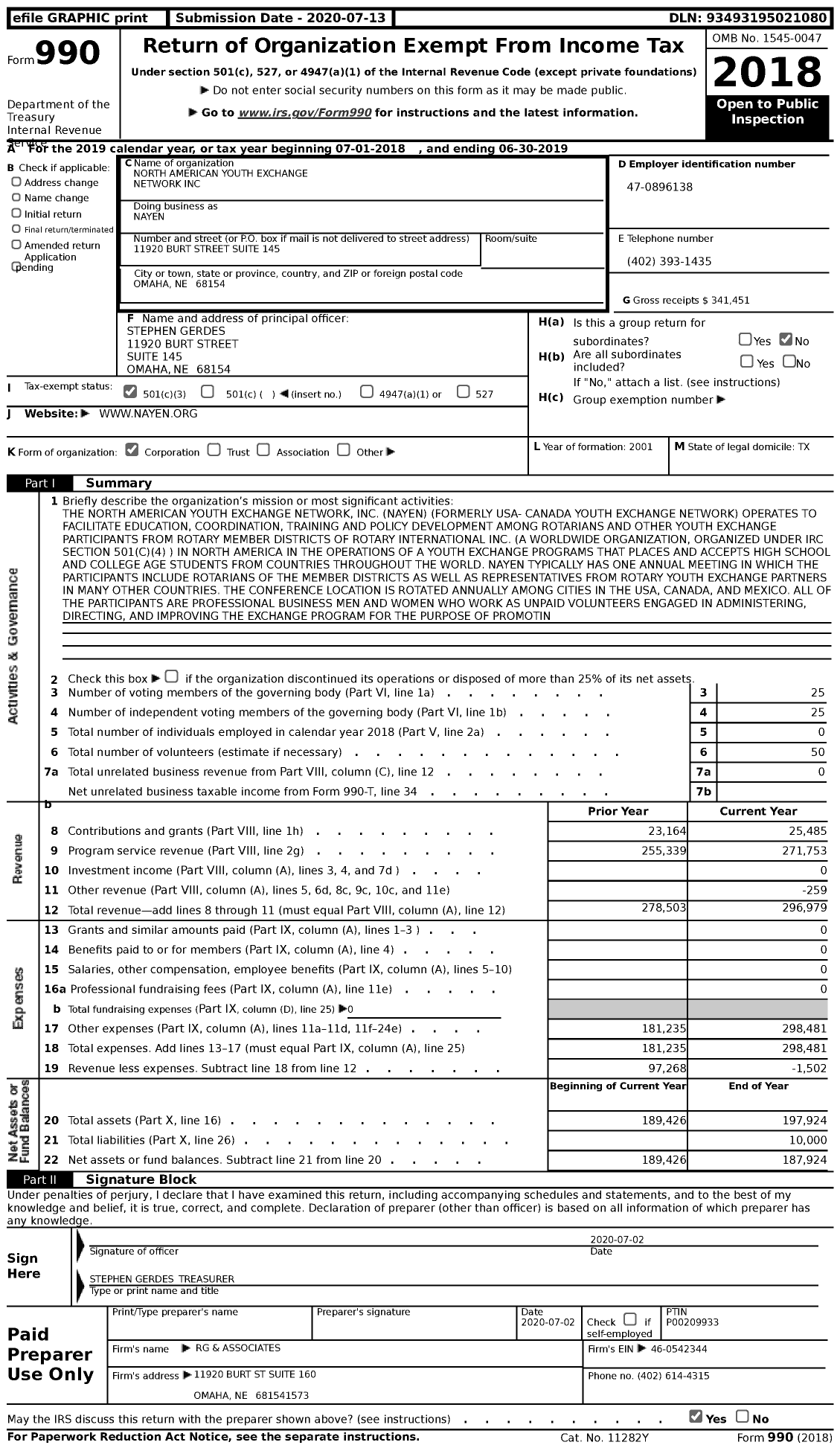 Image of first page of 2018 Form 990 for North American Youth Exchange Network (NAYEN)