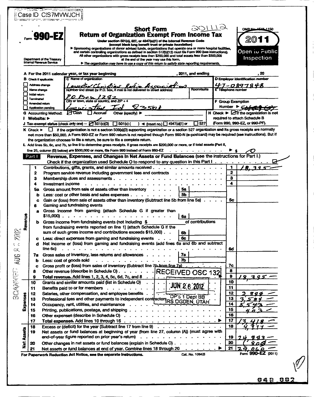 Image of first page of 2011 Form 990EZ for Lewiston Christian Radio Association