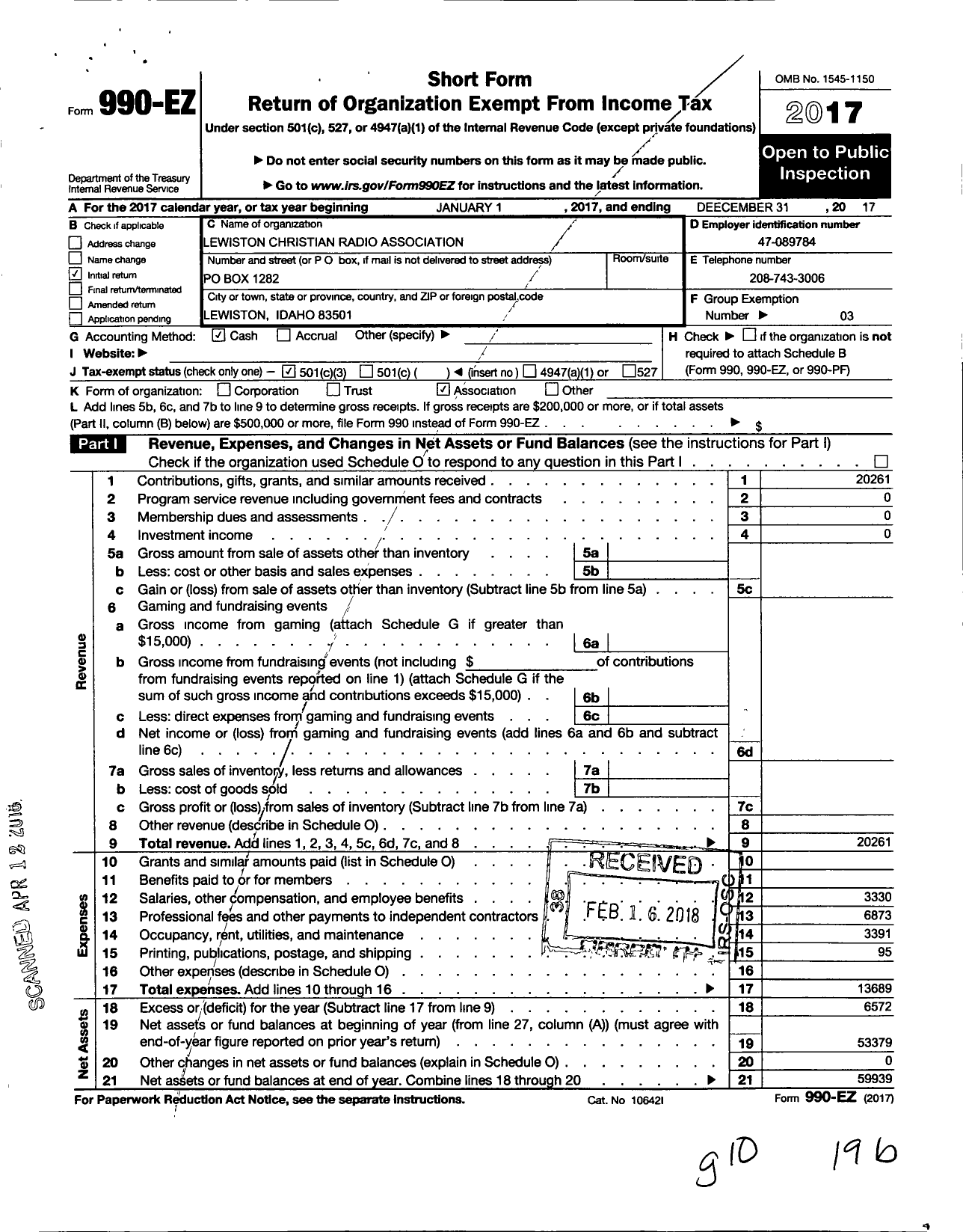 Image of first page of 2017 Form 990EZ for Lewiston Christian Radio Association