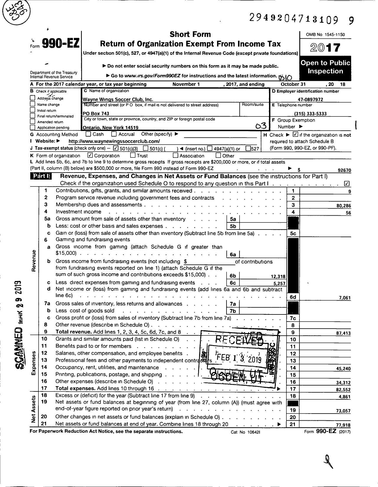 Image of first page of 2017 Form 990EZ for Wayne Wings Soccer Club