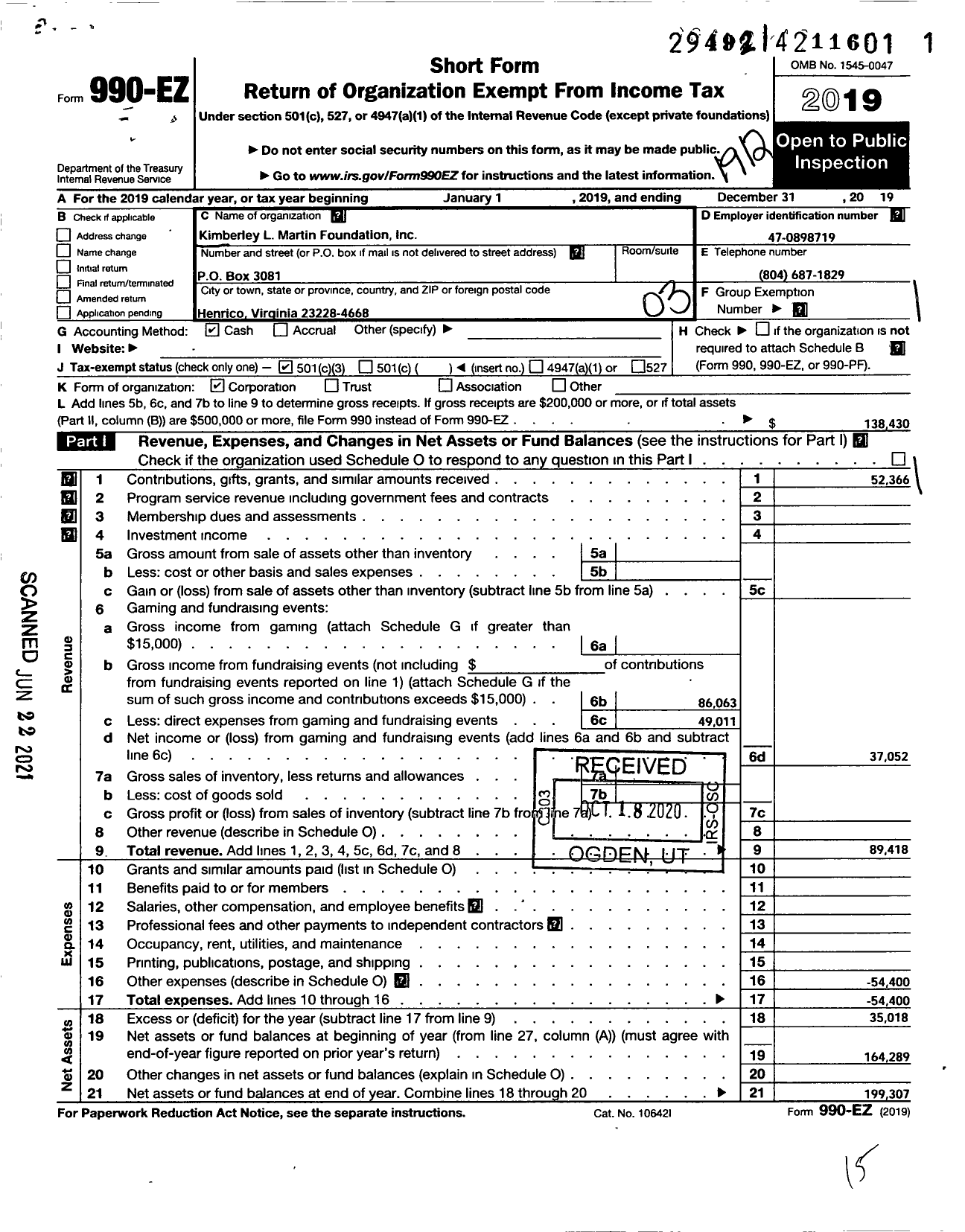 Image of first page of 2019 Form 990EZ for Kimberley L Martin Foundation