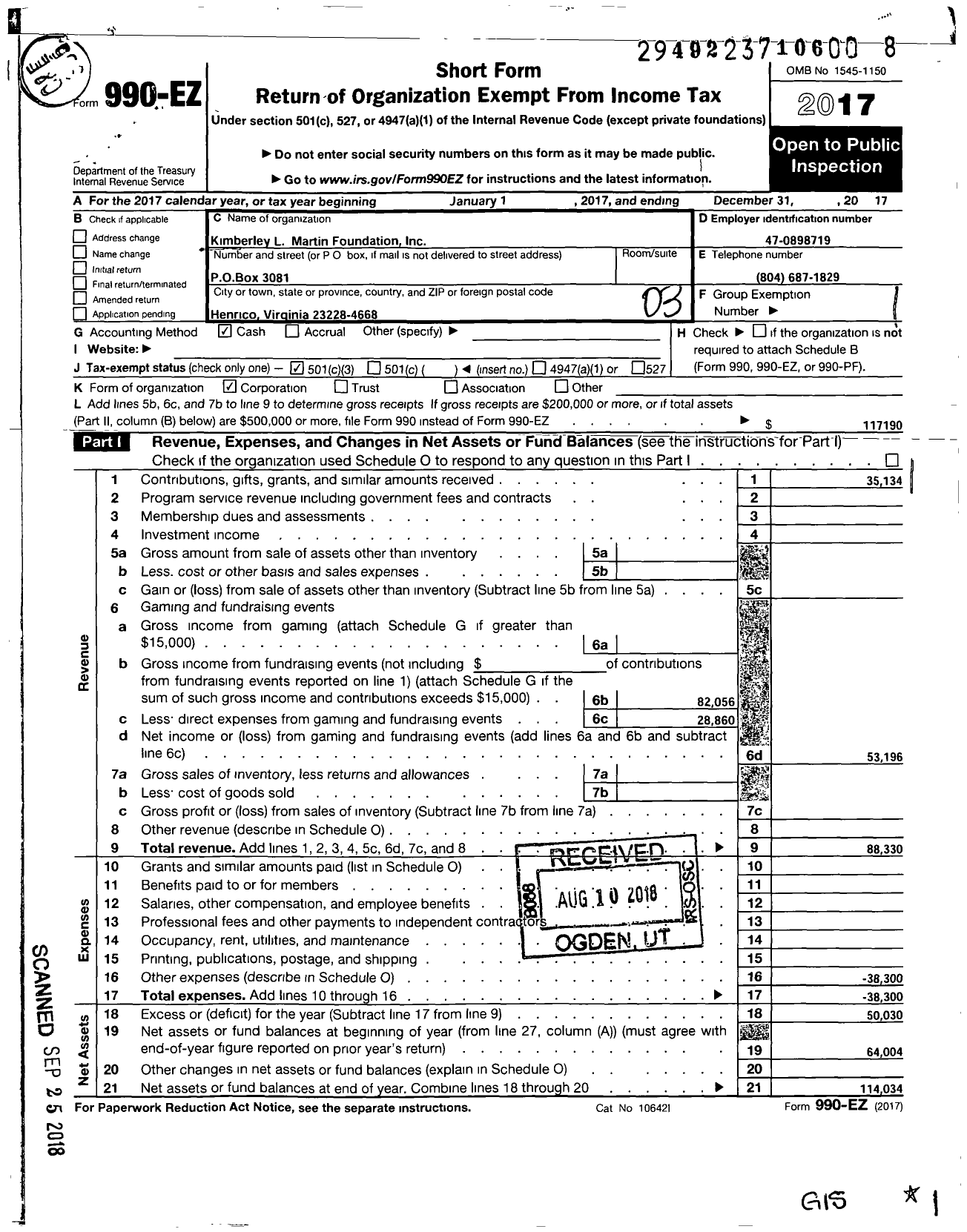 Image of first page of 2017 Form 990EZ for Kimberley L Martin Foundation