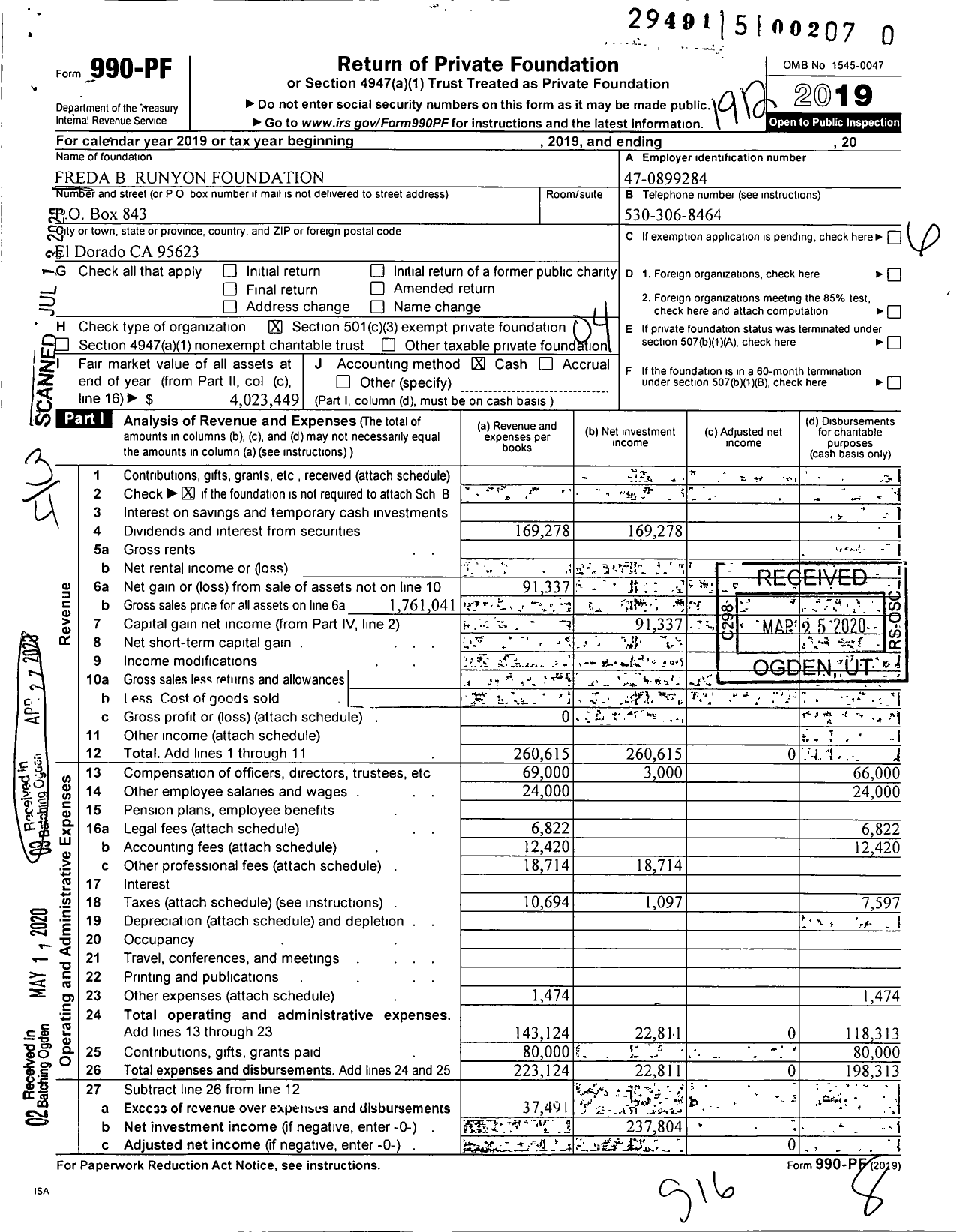 Image of first page of 2019 Form 990PR for Freda B Runyon Foundation