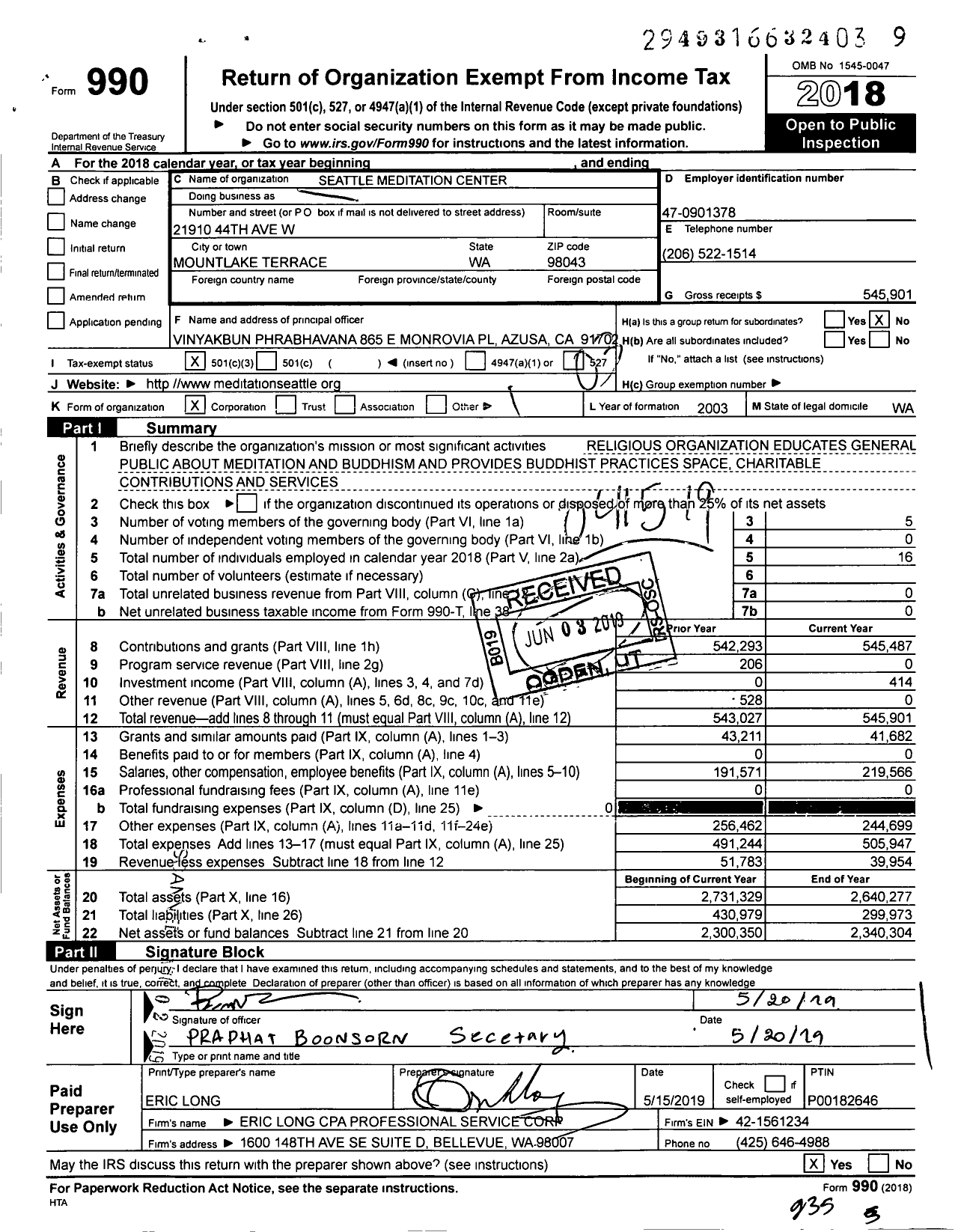 Image of first page of 2018 Form 990 for Seattle Meditation Center