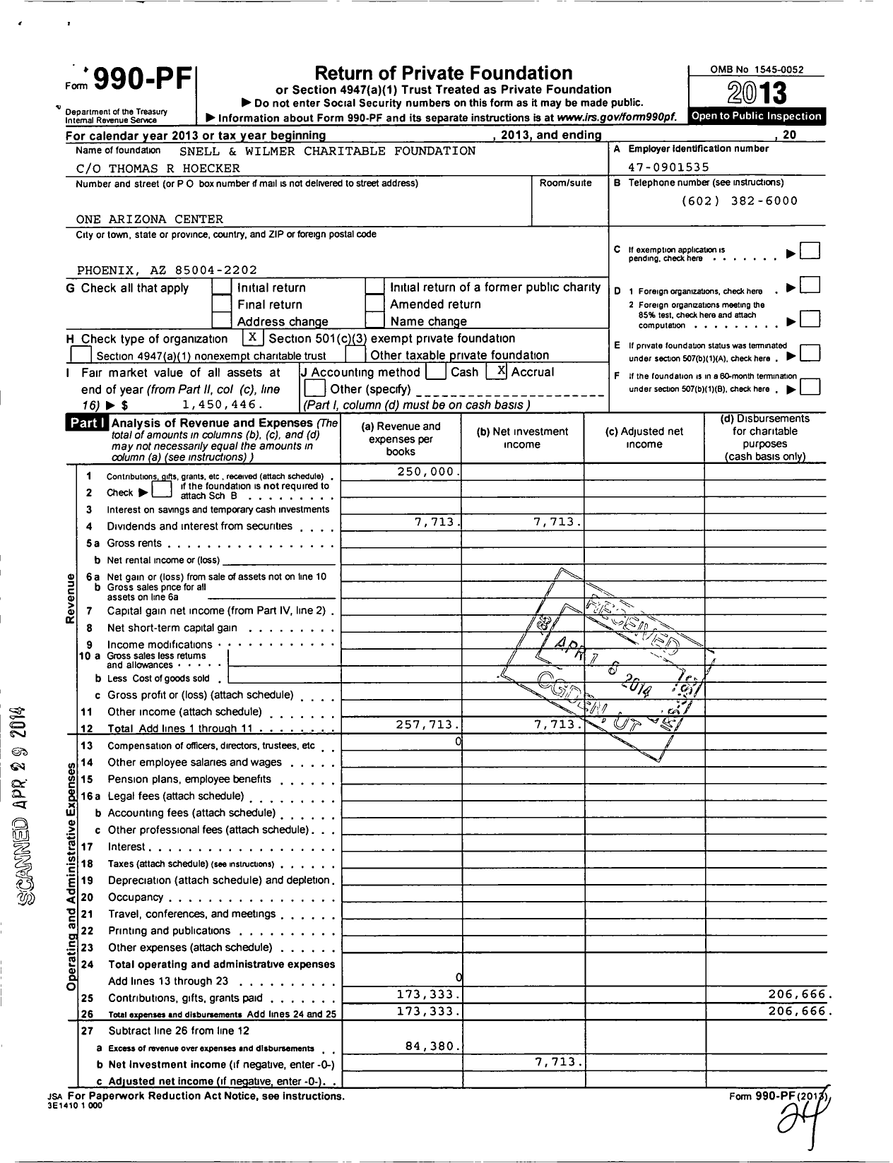 Image of first page of 2013 Form 990PF for Snell and Wilmer Charitable Foundation
