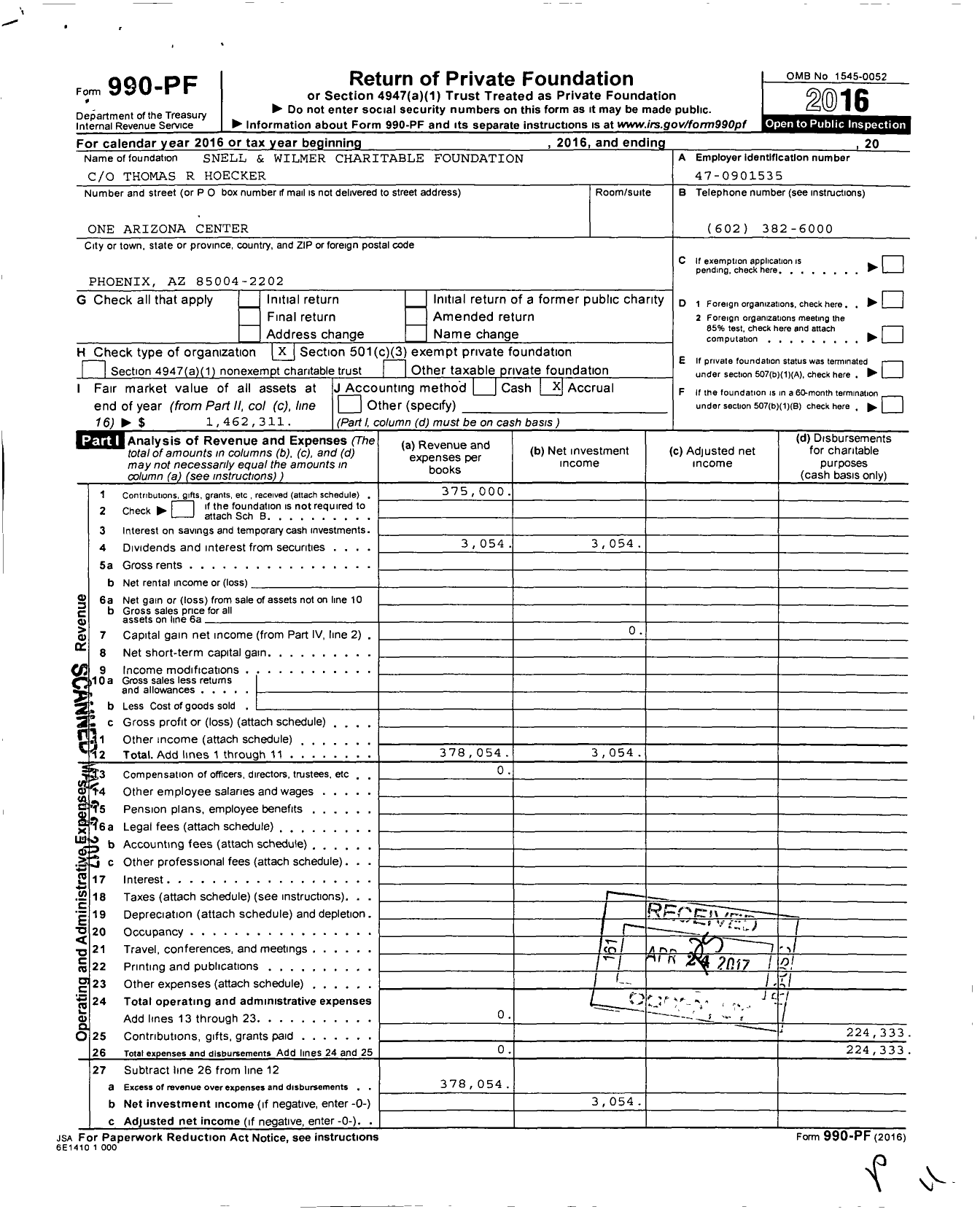Image of first page of 2016 Form 990PF for Snell and Wilmer Charitable Foundation