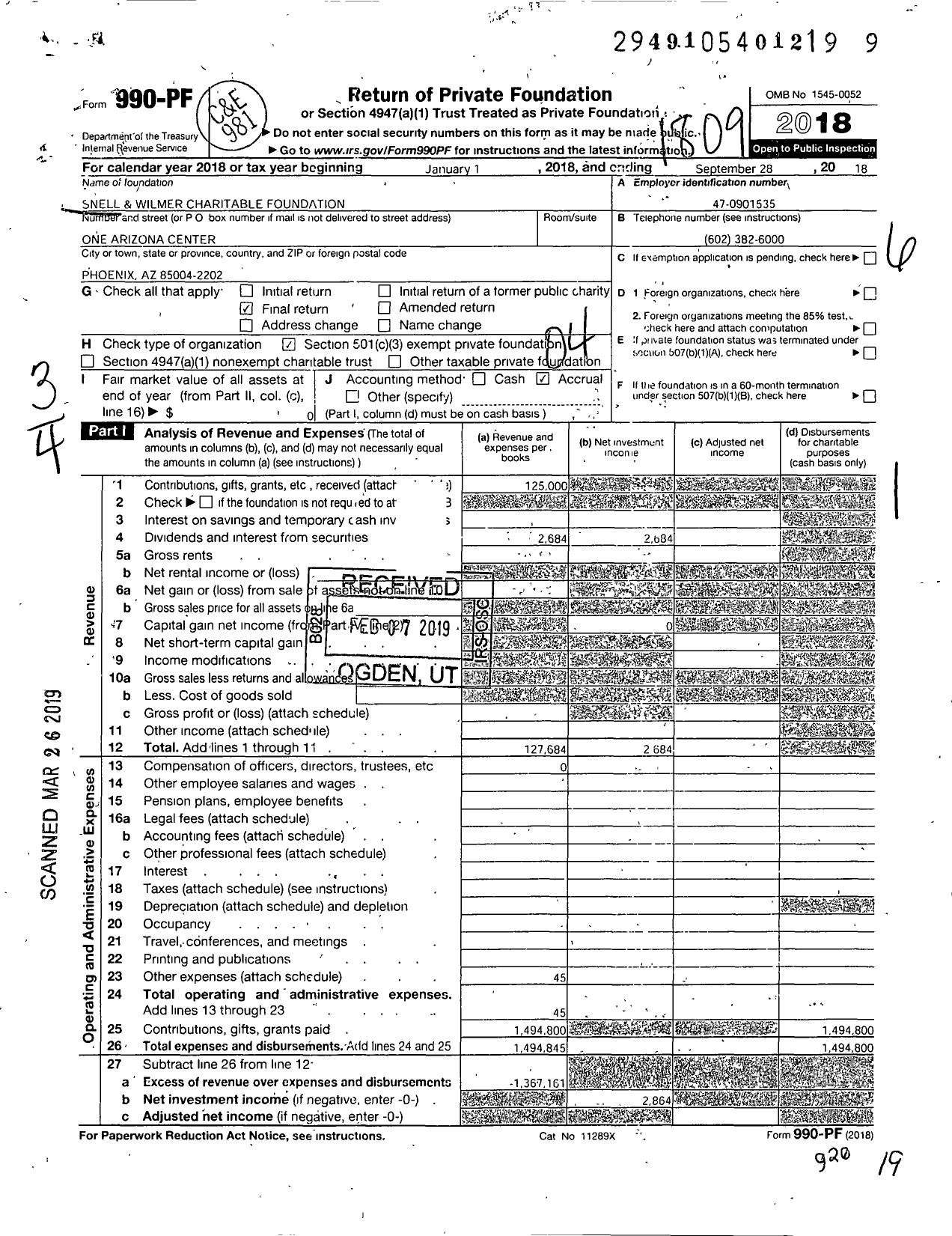 Image of first page of 2017 Form 990PF for Snell and Wilmer Charitable Foundation