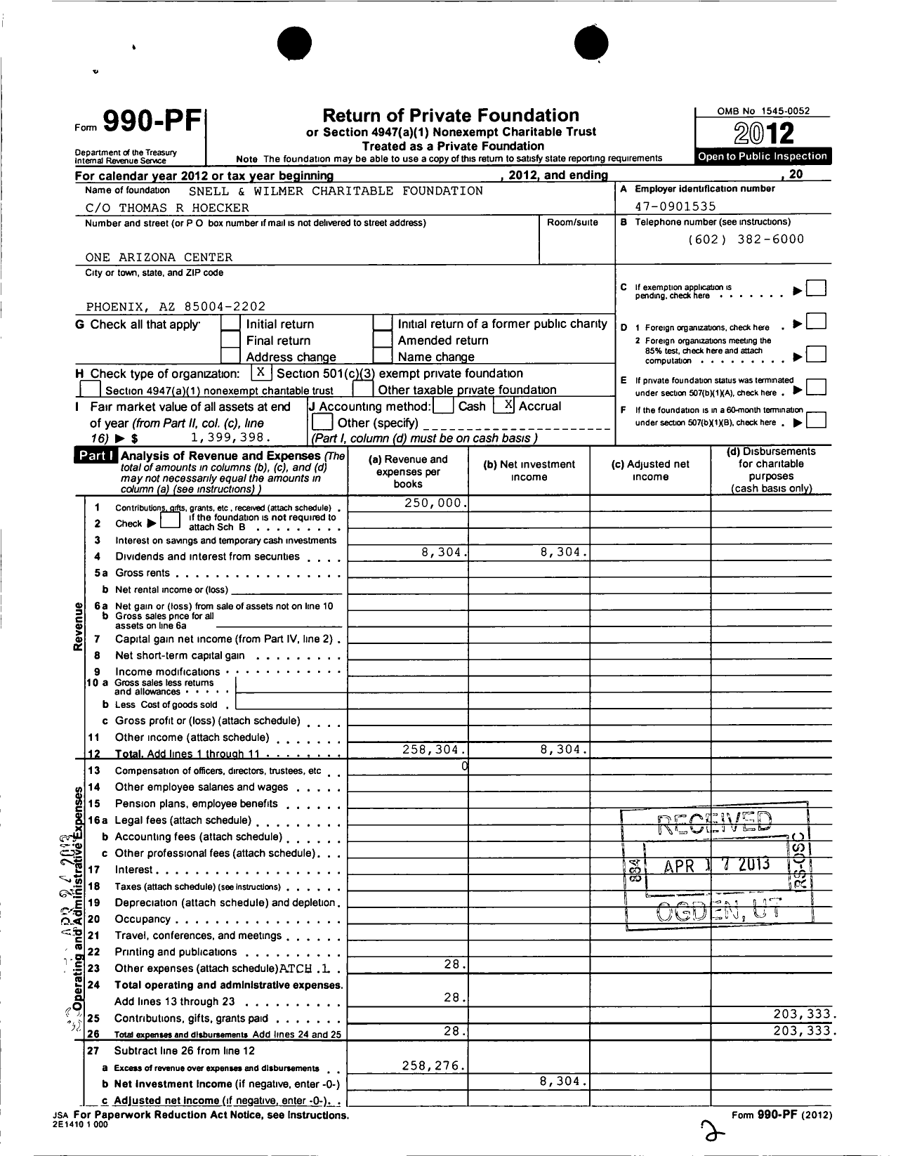 Image of first page of 2012 Form 990PF for Snell and Wilmer Charitable Foundation