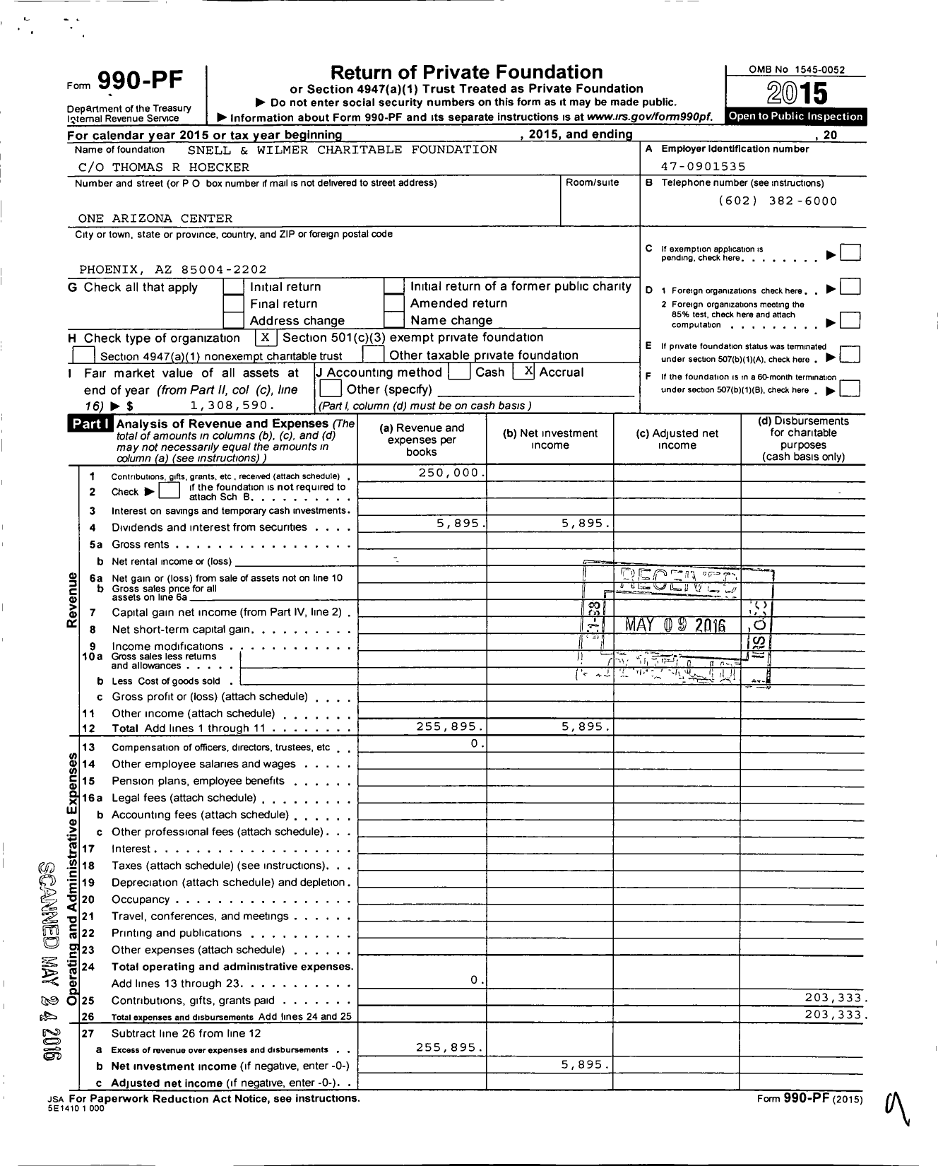 Image of first page of 2015 Form 990PF for Snell and Wilmer Charitable Foundation