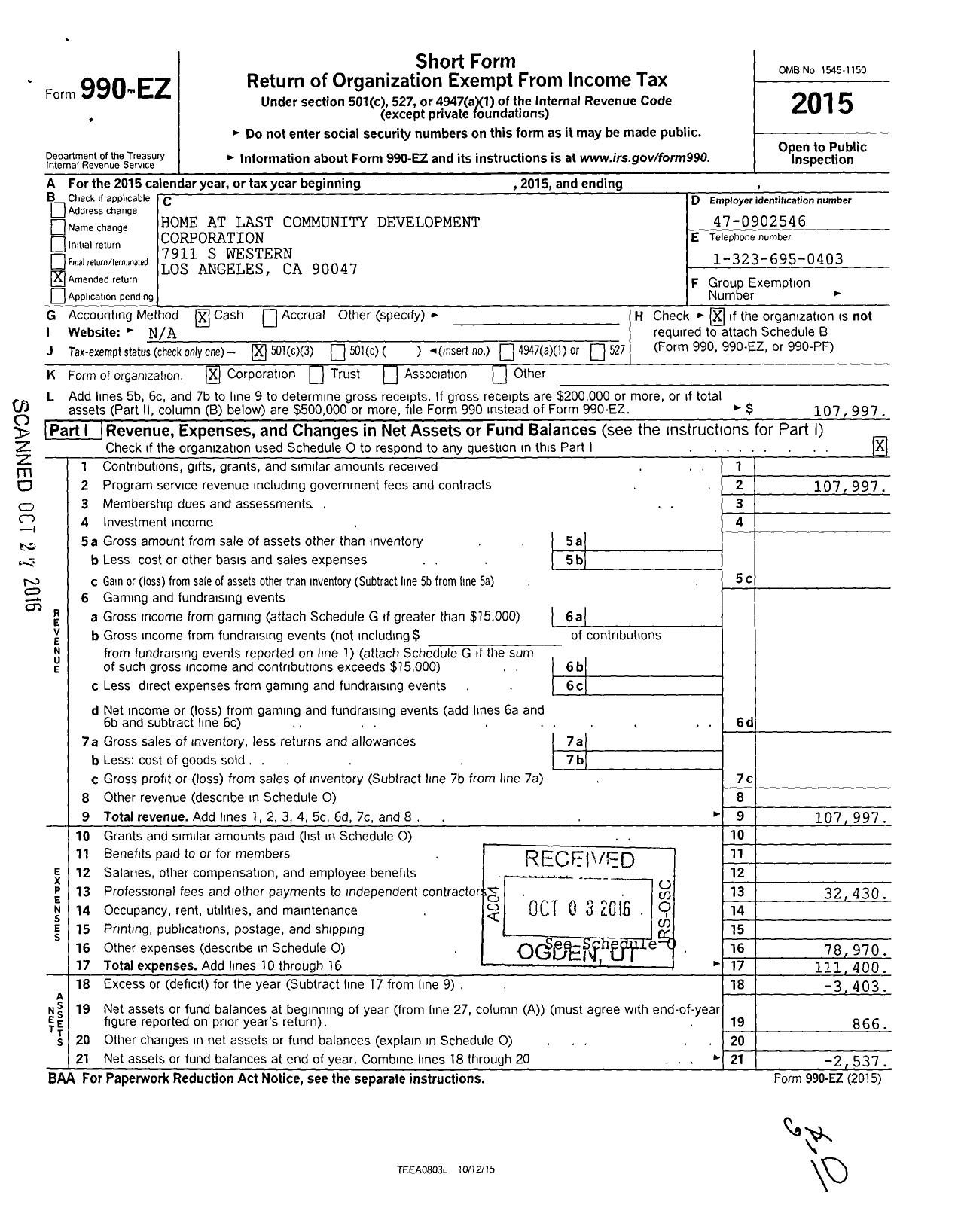 Image of first page of 2015 Form 990EZ for Home At Last Community Development Corporation