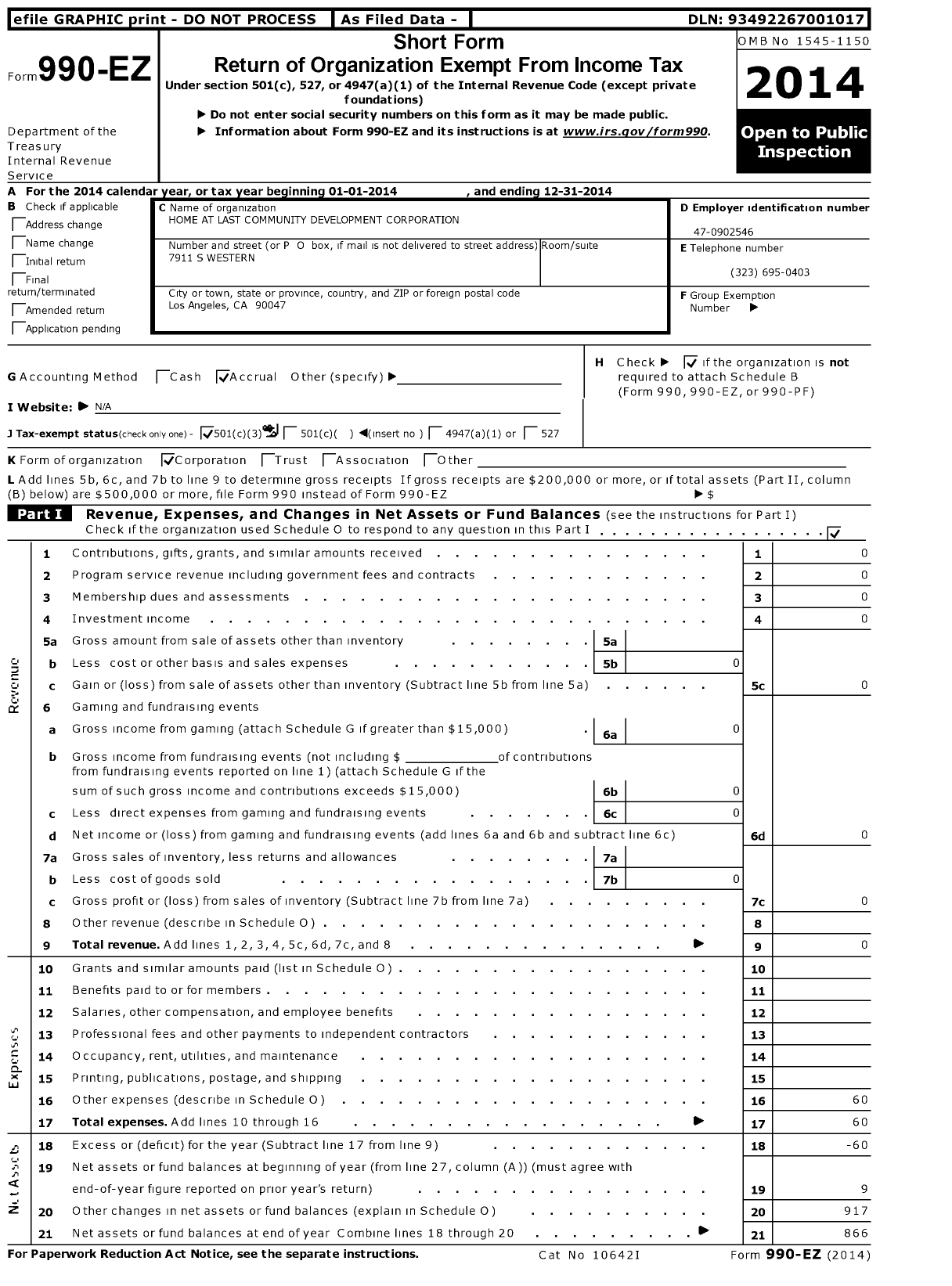 Image of first page of 2014 Form 990EZ for Home At Last Community Development Corporation