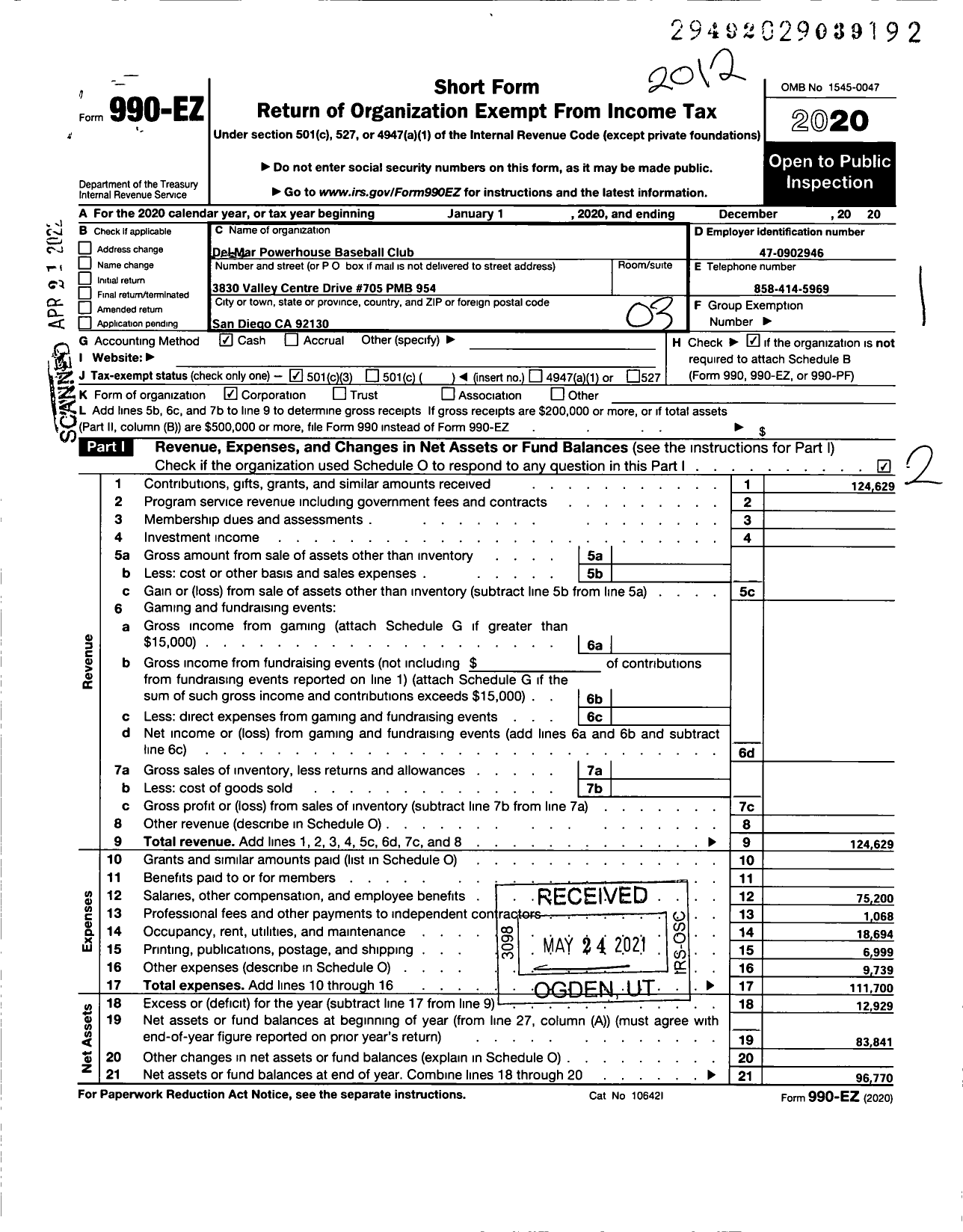 Image of first page of 2020 Form 990EZ for Del Mar Powerhouse Baseball Club