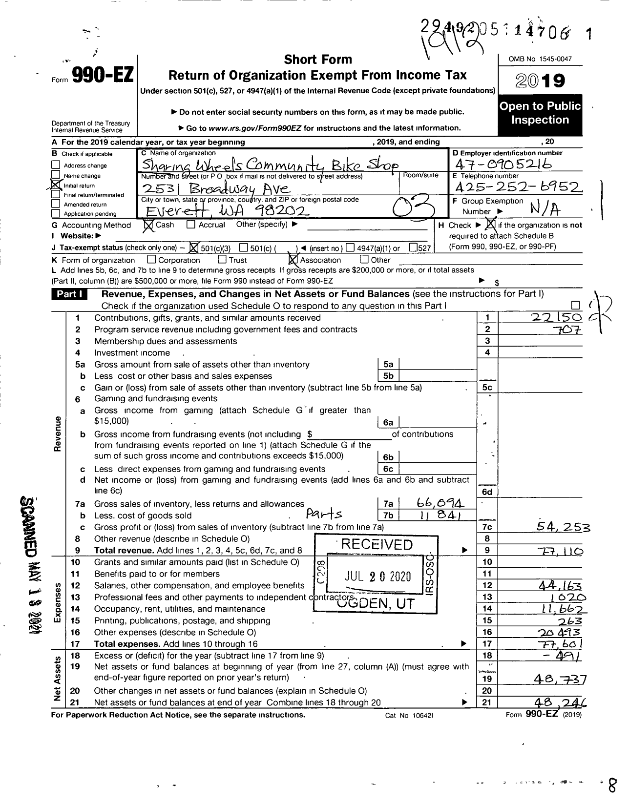 Image of first page of 2019 Form 990EZ for Sharing Wheels