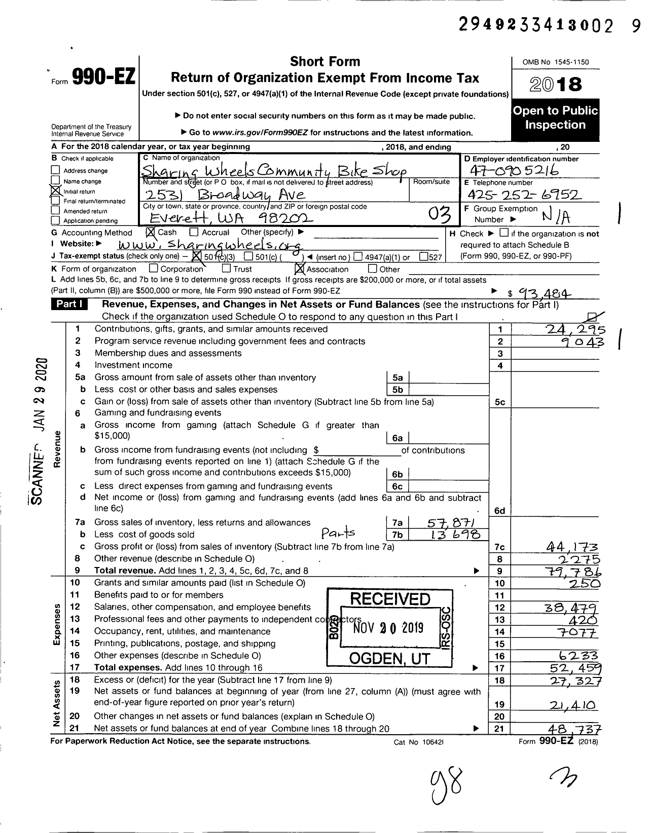 Image of first page of 2018 Form 990EZ for Sharing Wheels