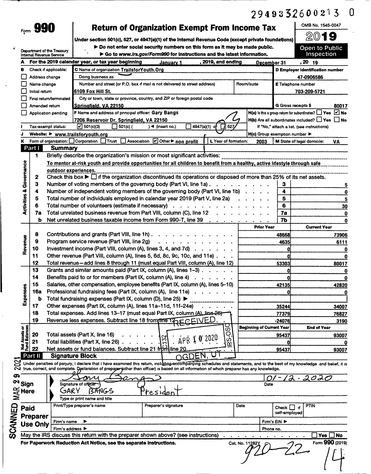 Image of first page of 2019 Form 990 for Trailsforyouth for Youth Org