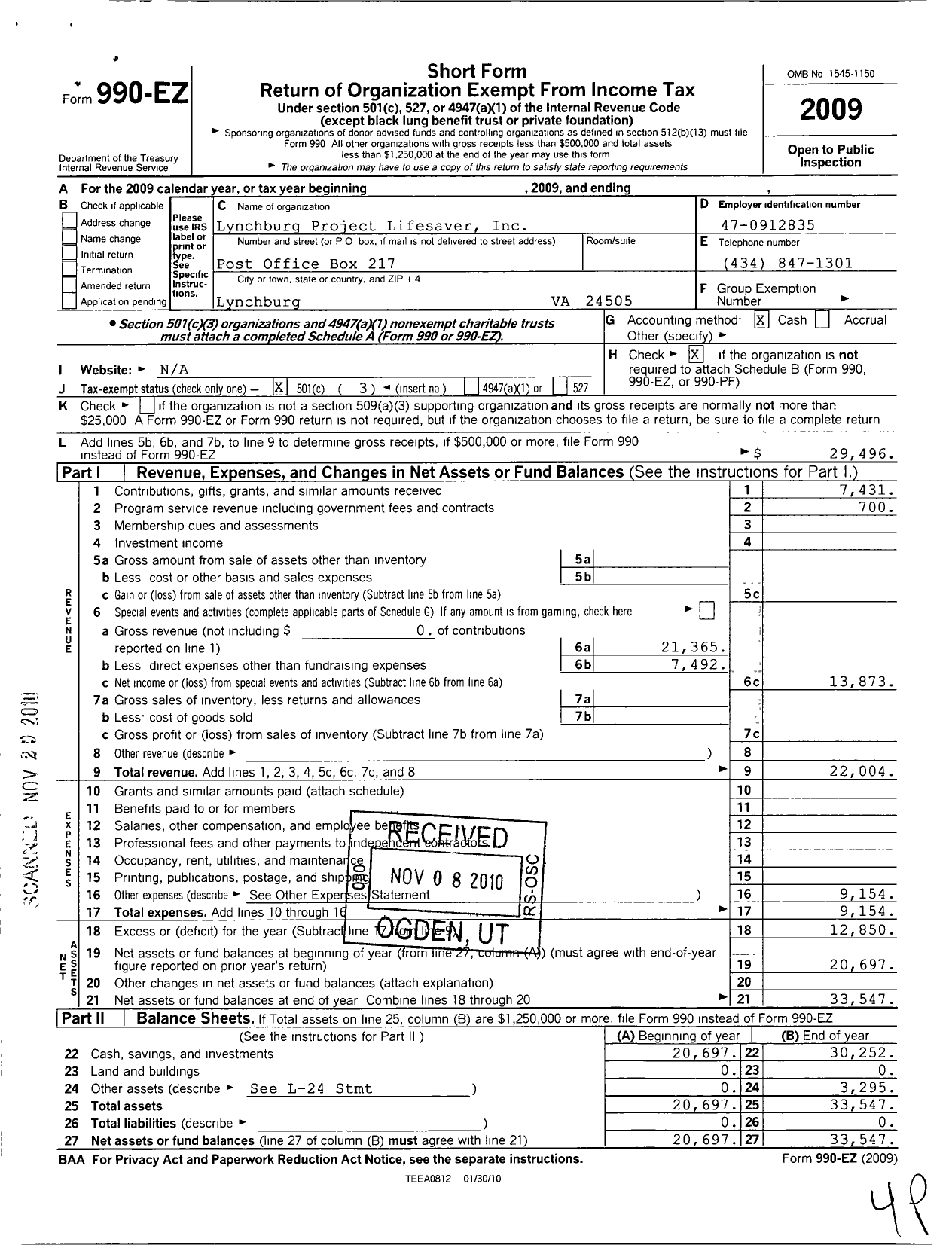 Image of first page of 2009 Form 990EZ for Lynchburg Project Lifesaver