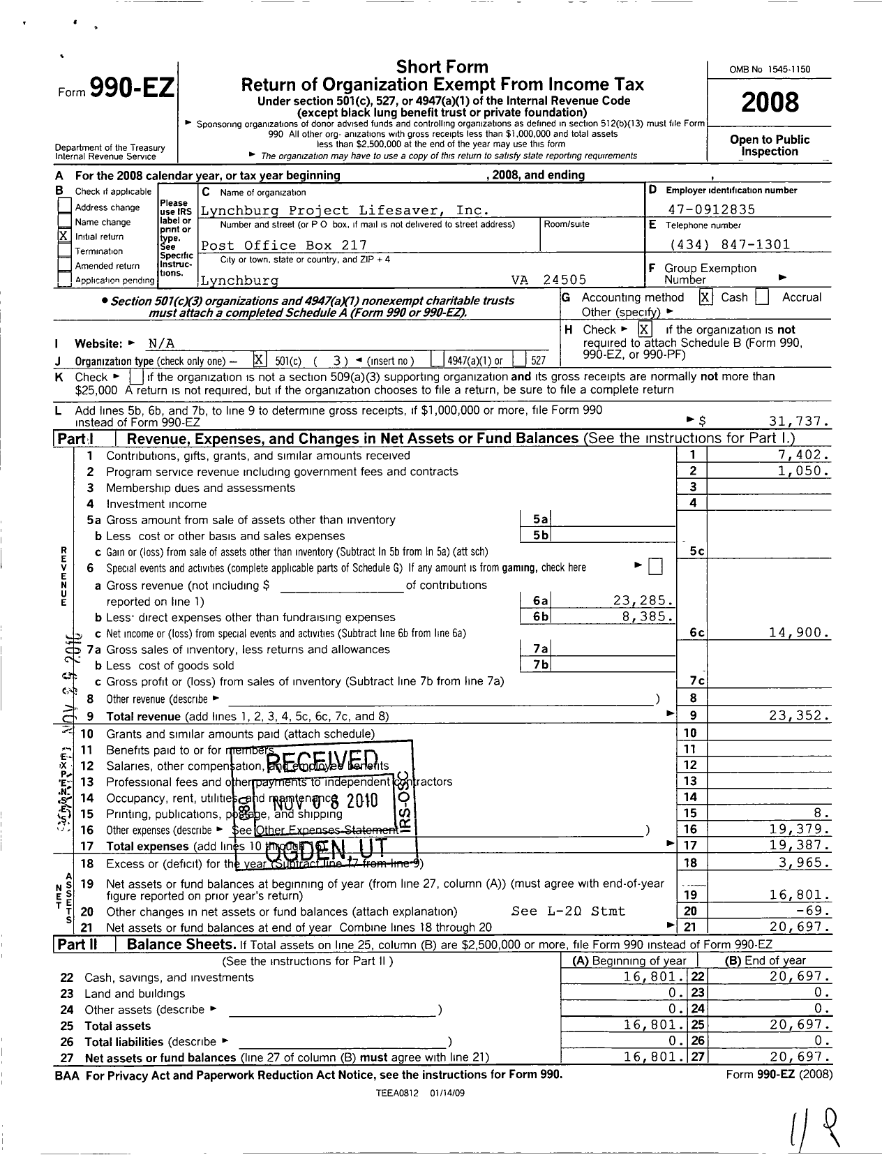 Image of first page of 2008 Form 990EZ for Lynchburg Project Lifesaver