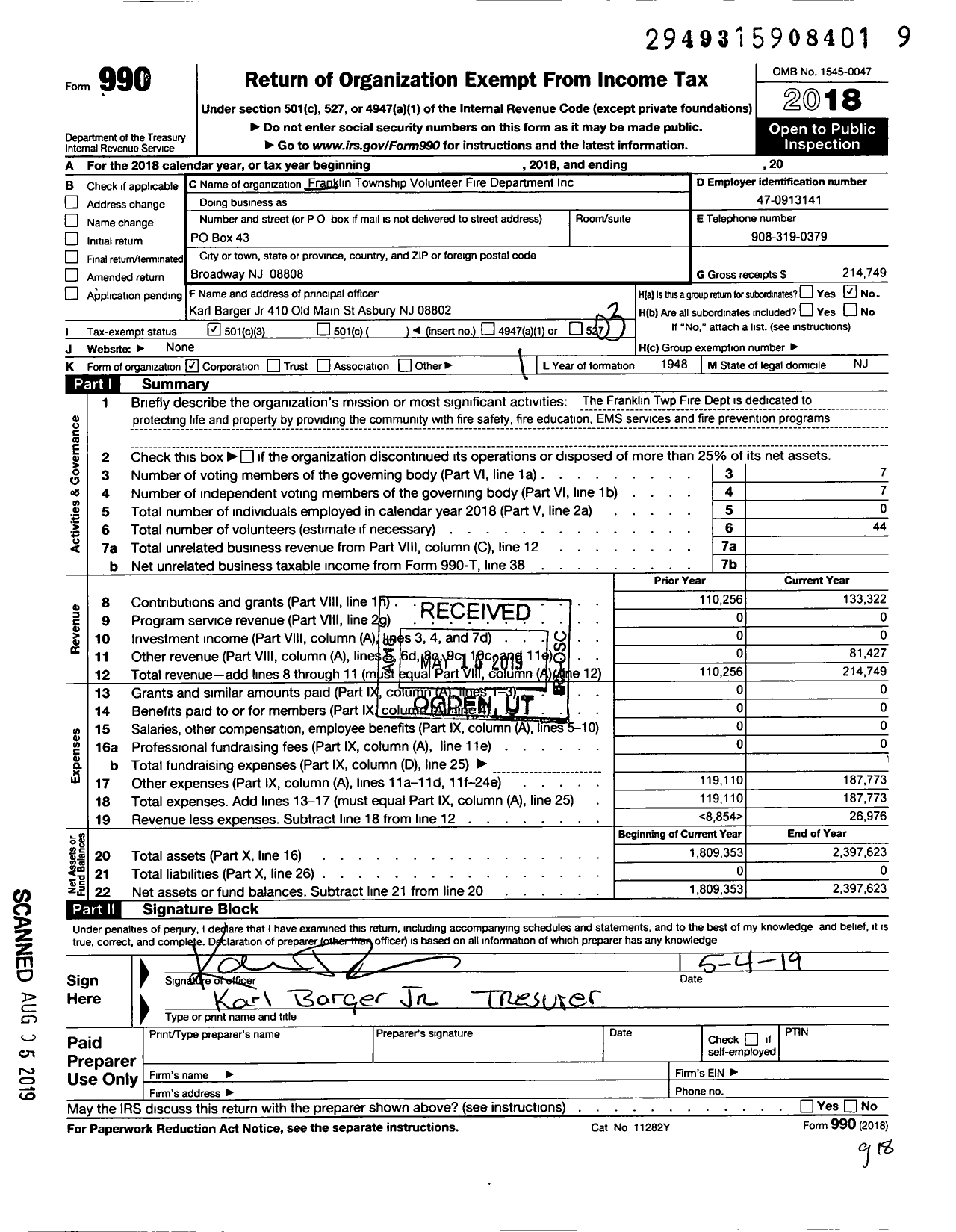 Image of first page of 2018 Form 990 for Franklin Township Volunteer Fire Department