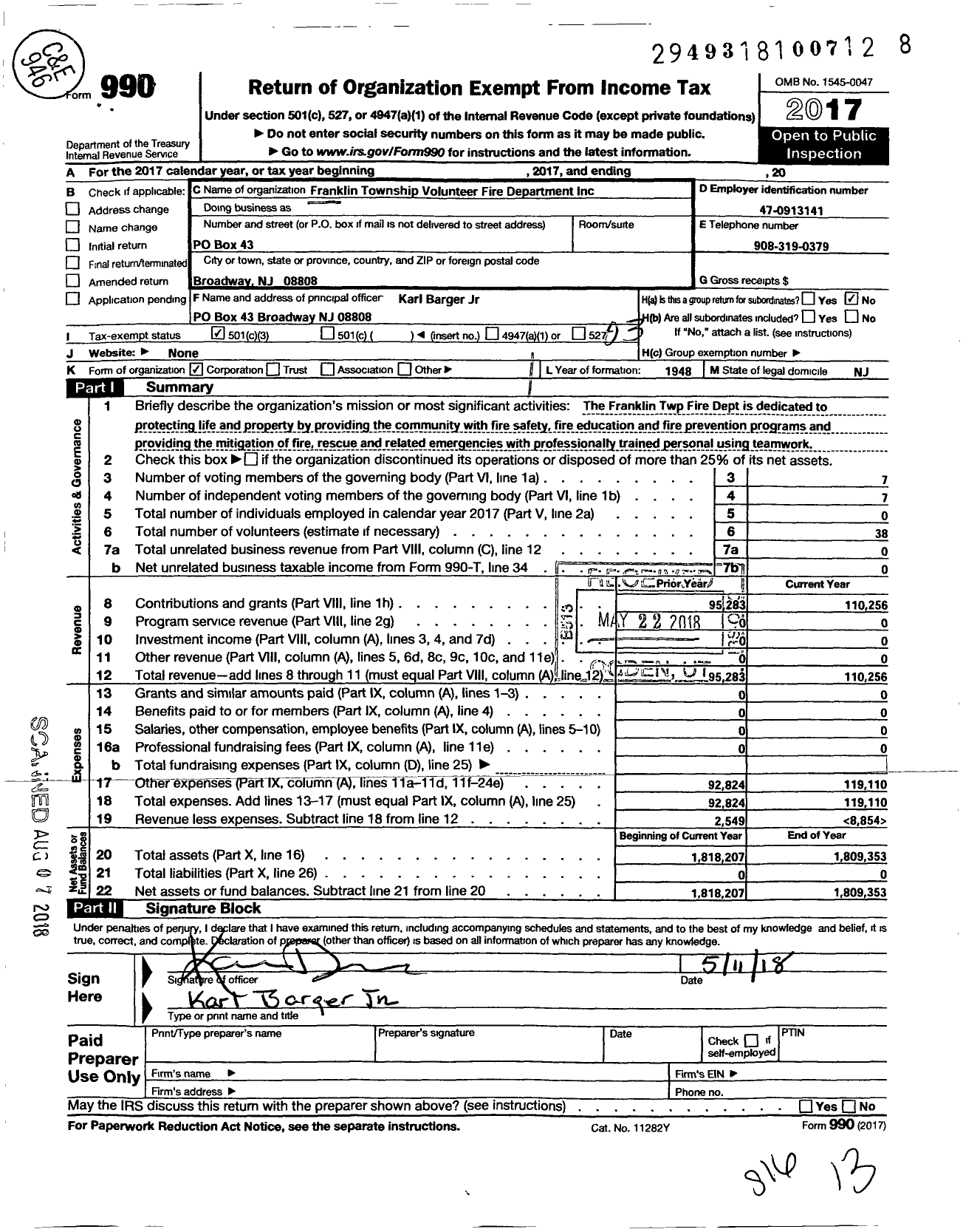 Image of first page of 2017 Form 990 for Franklin Township Volunteer Fire Department