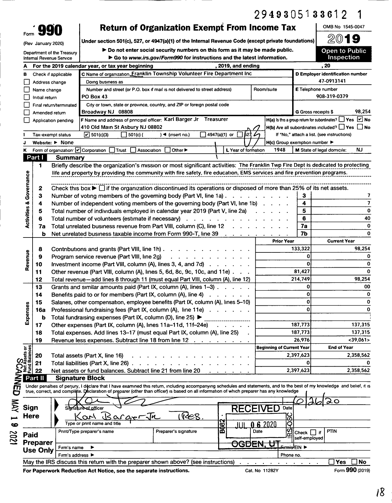 Image of first page of 2019 Form 990 for Franklin Township Volunteer Fire Department