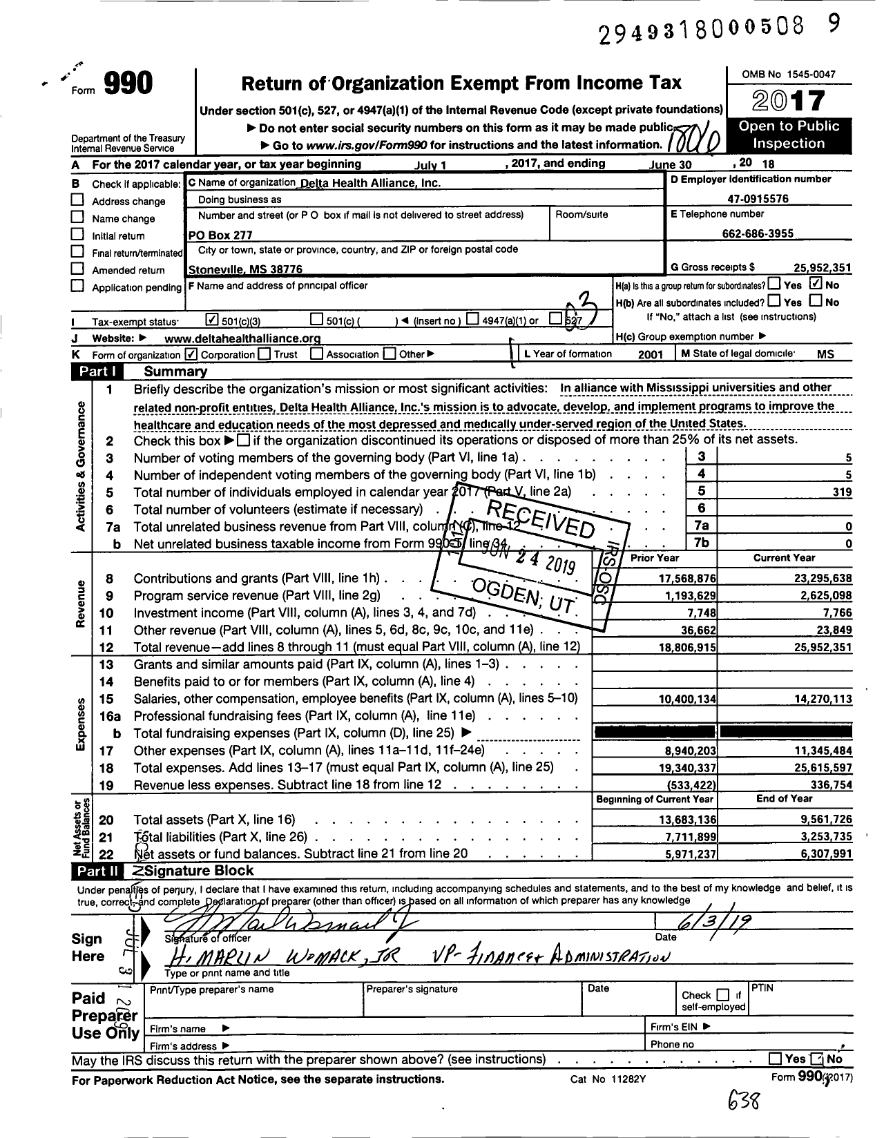 Image of first page of 2017 Form 990 for Delta Health Alliance